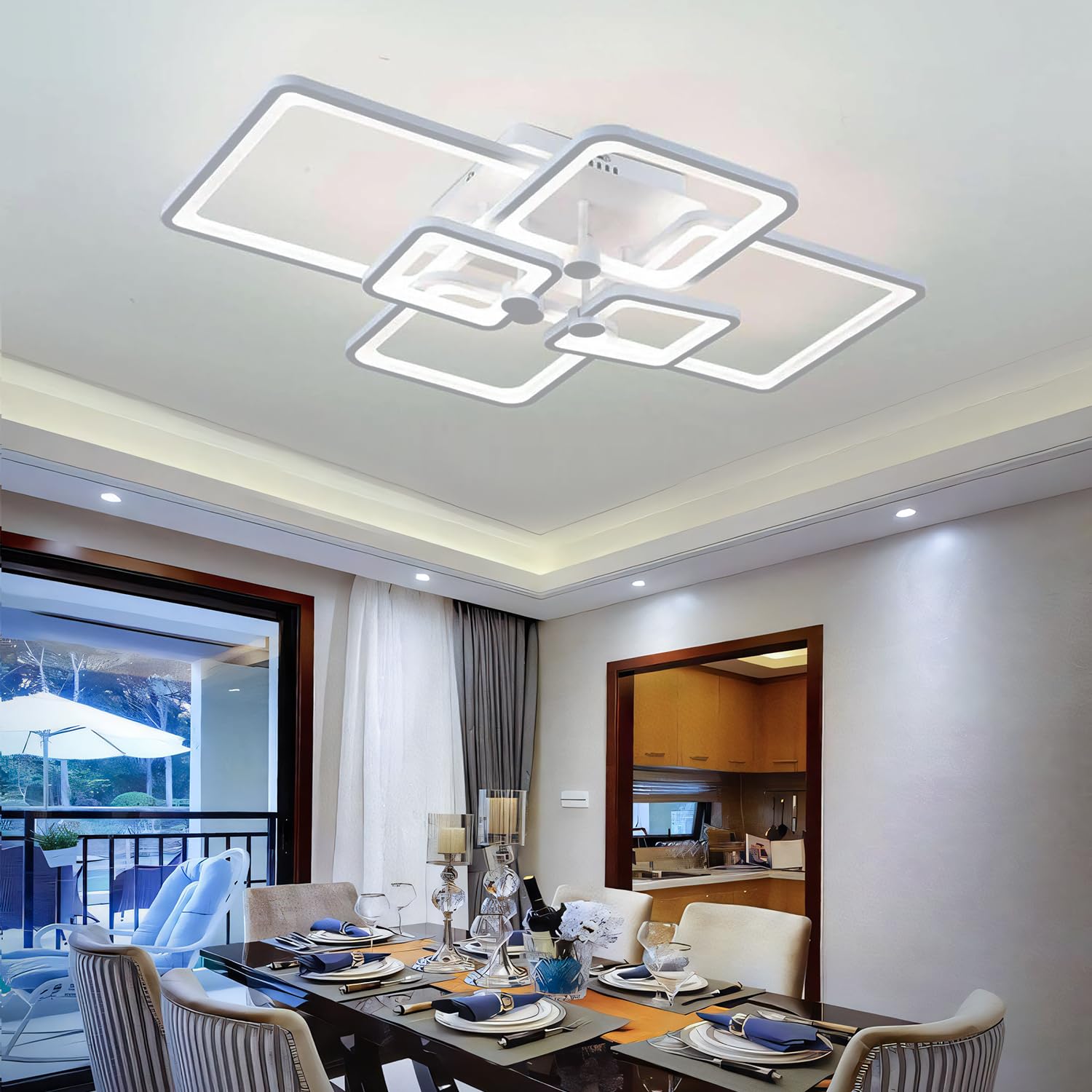 SITAFU Dimmable Ceiling Lamp with Remote, 6 Light, White, 3000K-6500K, Modern Flush Mount Lighting Fixture, Model EB-001-6Sqr