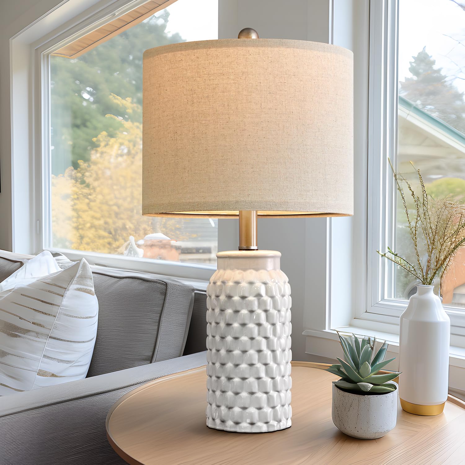 USumkky 20.5" White Modern Ceramic Bedside Lamp Set of 2 for Bedroom and Living Room Decor, Model YM-AMZ-T1092WH-New