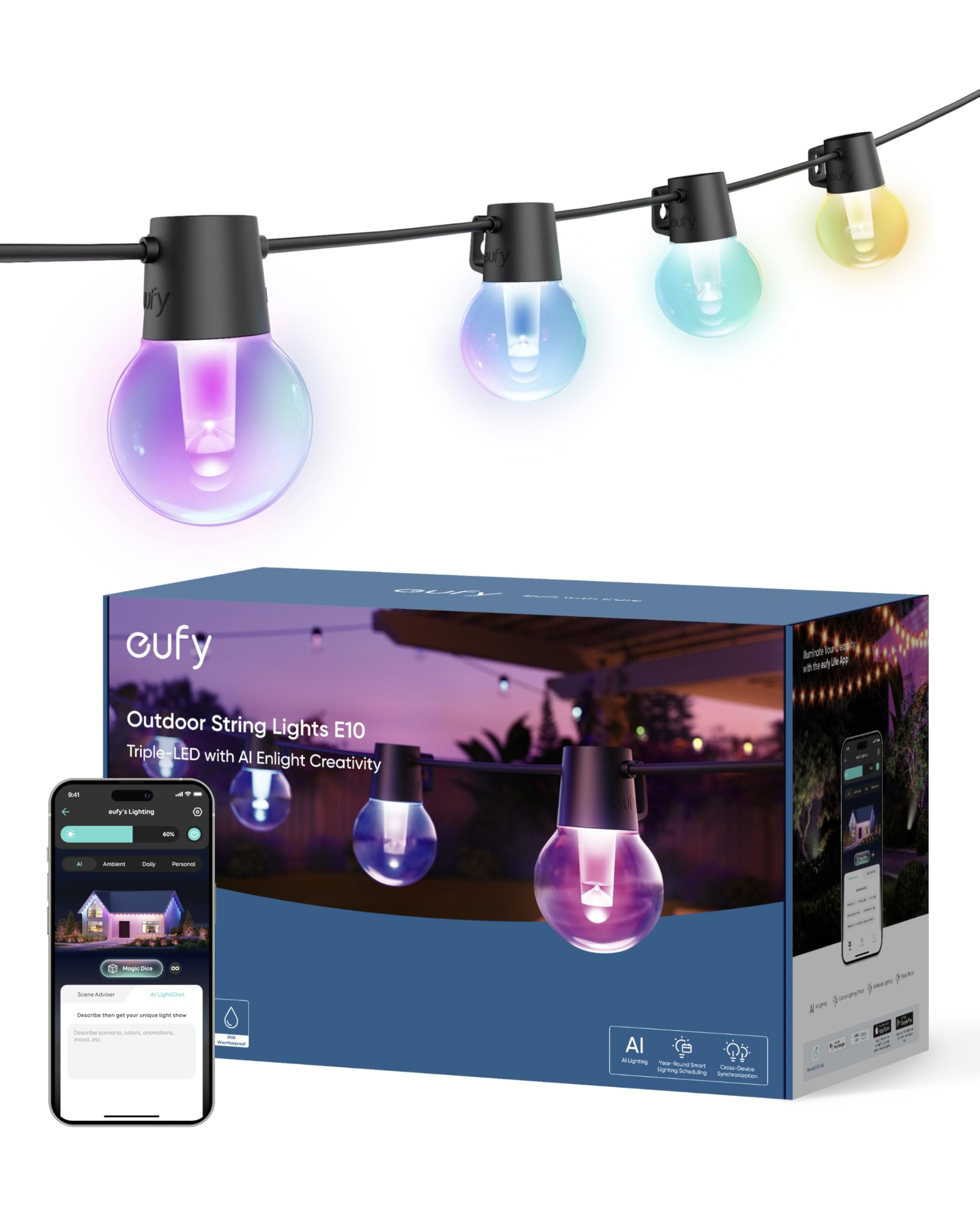 eufy Outdoor String Lights E10, 96ft with 30 Smart RGBWW LED Bulbs, Endless AI Light Themes for Christmas Decorations, IP65 Wate