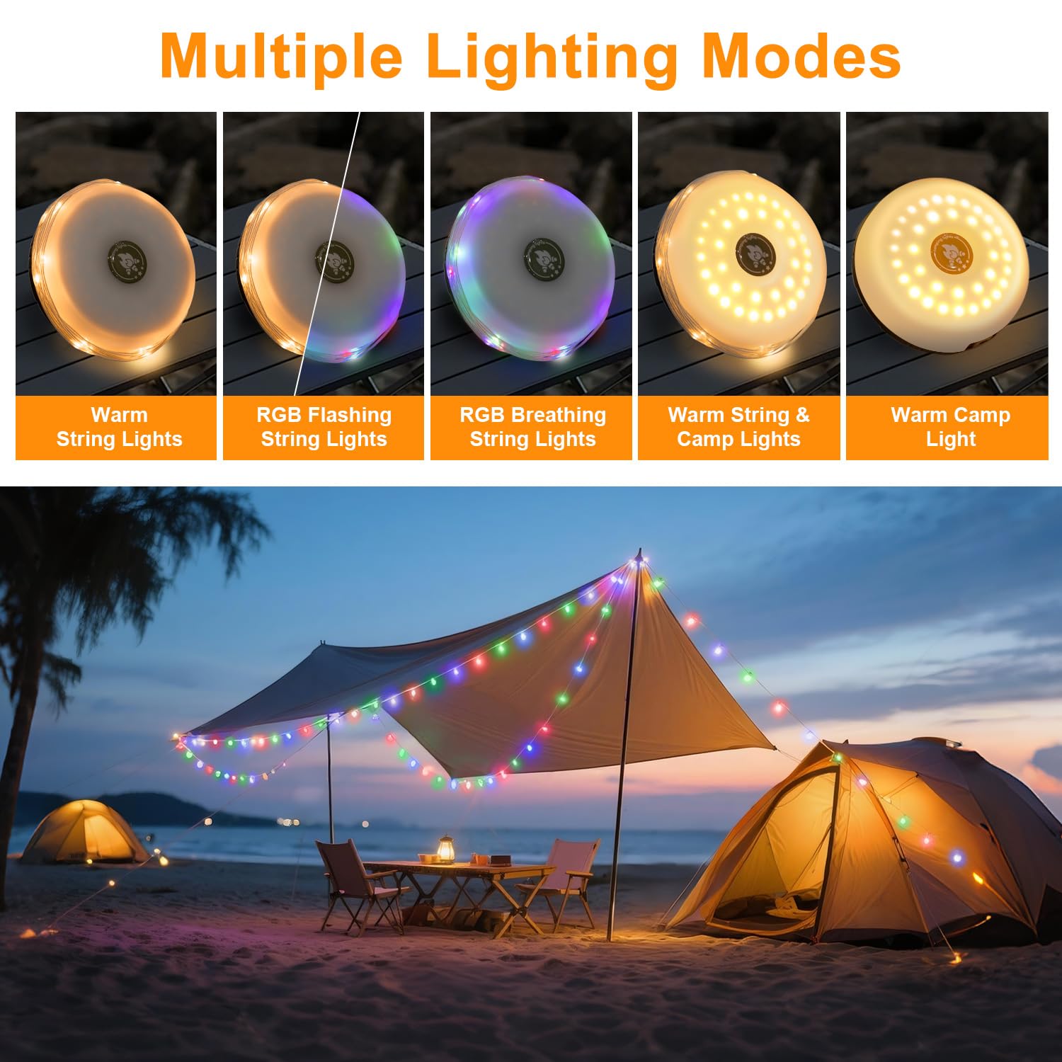 Hiromeco 2-in-1 Solar Camping Lights String, 5 Modes, IP65 Waterproof, 1200mAh Battery, 29.52ft, Multicolor, Model Hir-CSL