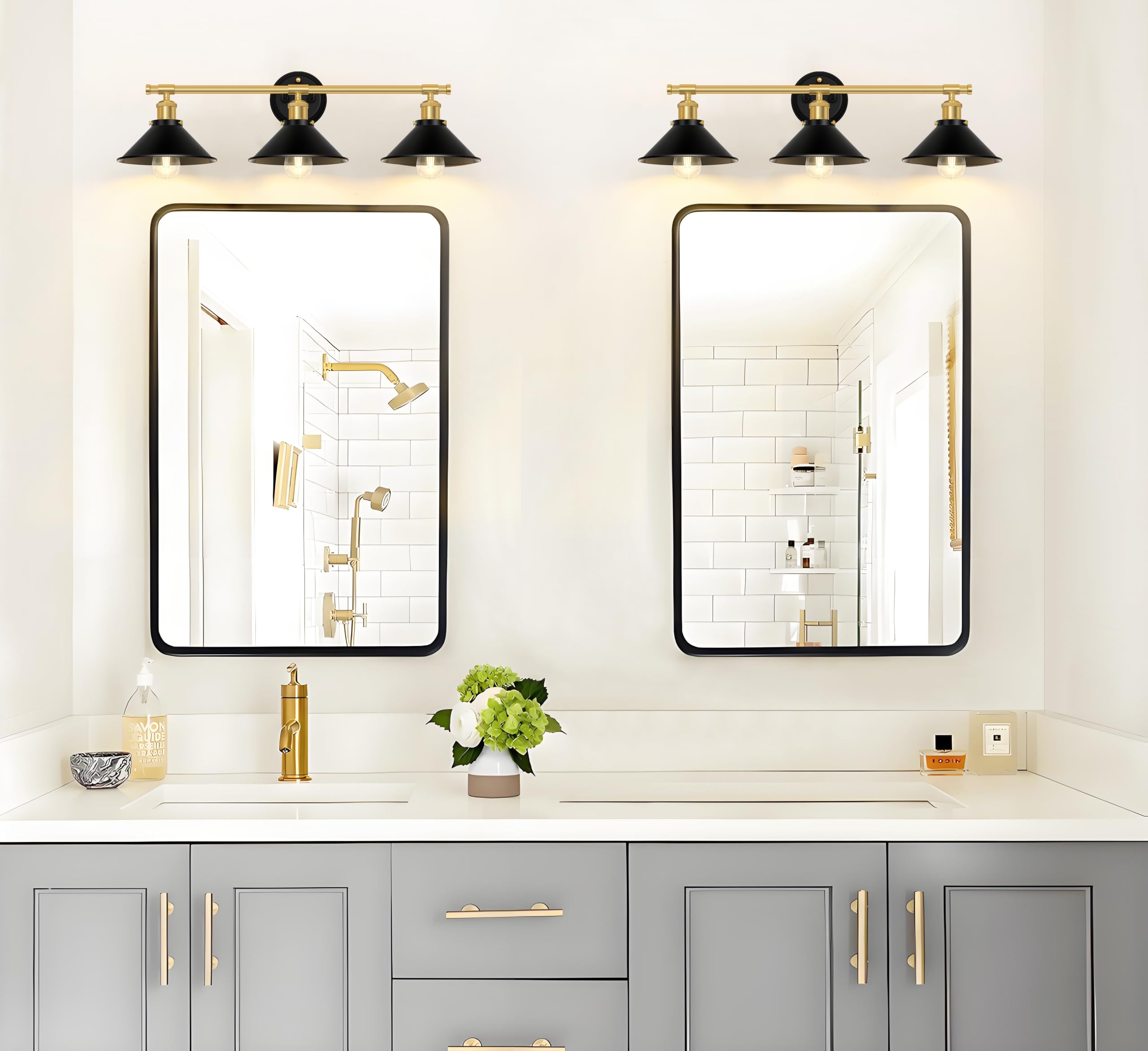 Licperron 3-Light Bathroom Lighting Fixtures, Metal Wall Lights, Black & Gold, Farmhouse Style, Indoor Use