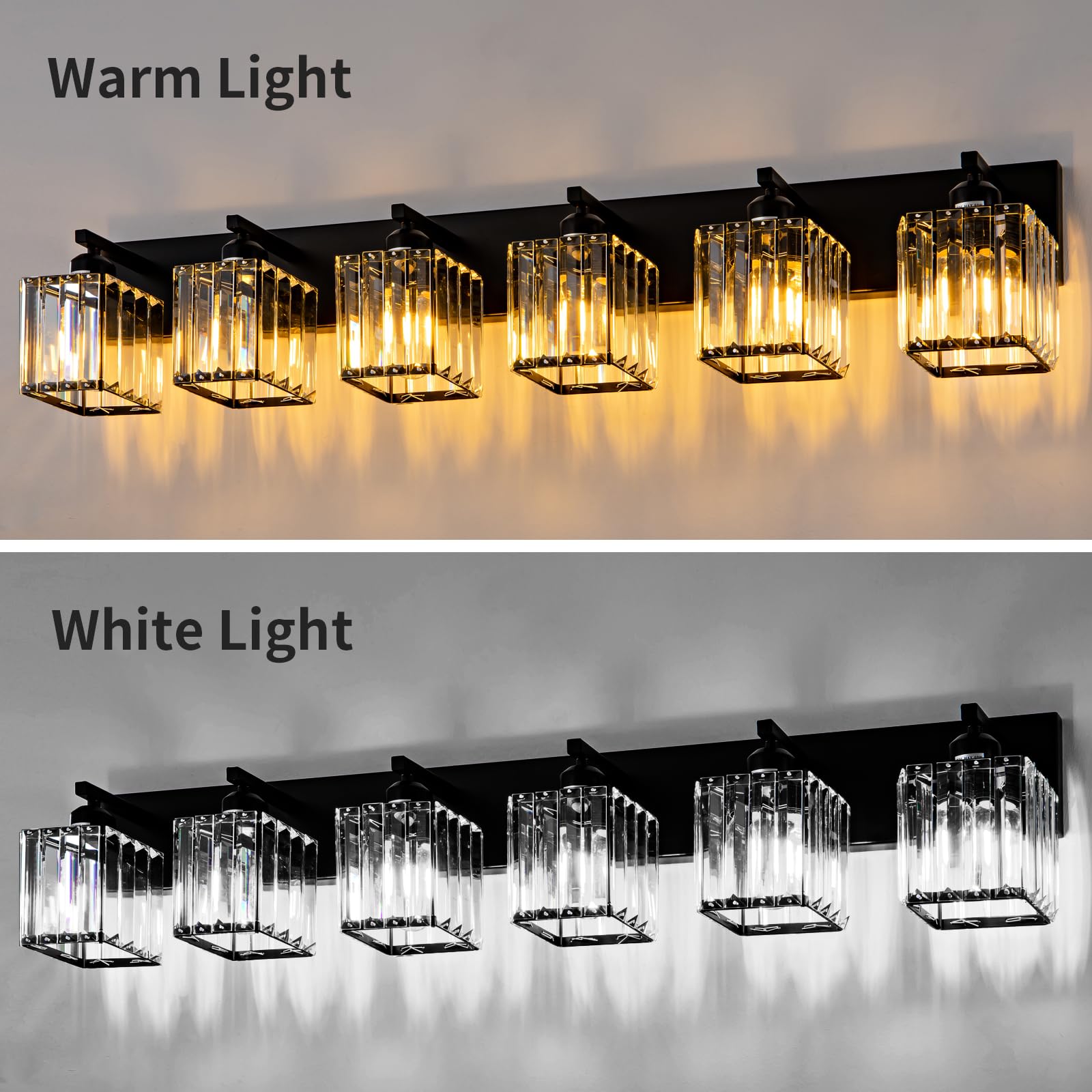 Aixialin 6-Light Black Metal Bathroom Vanity Light Fixture, Modern Crystal Design, Over Mirror Wall Sconce, Model 600-100-1015