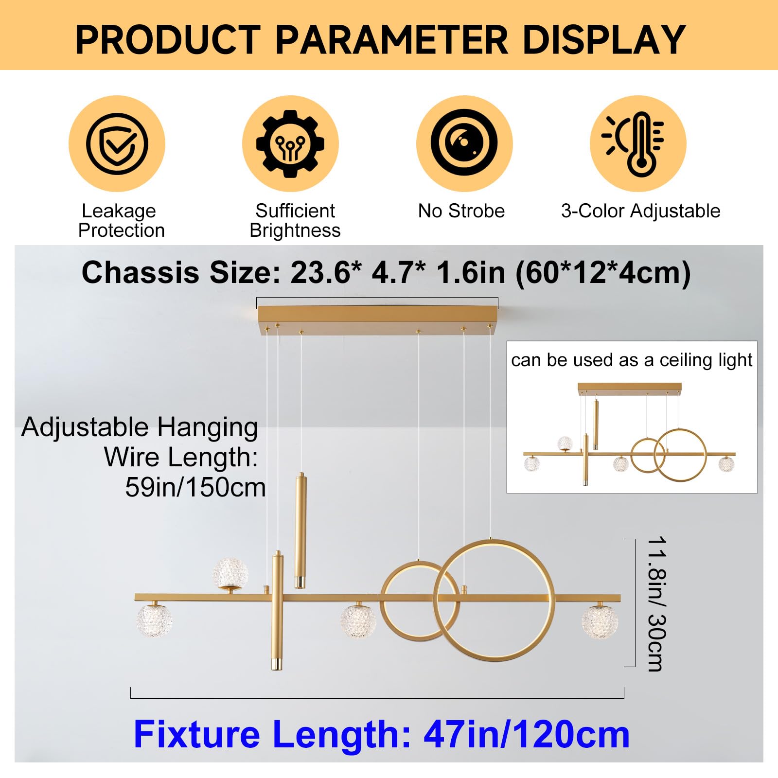 ORANOOR LED Gold Chandelier, 47in Dimmable Modern Pendant Light for Dining Room, Model 8856-Gold
