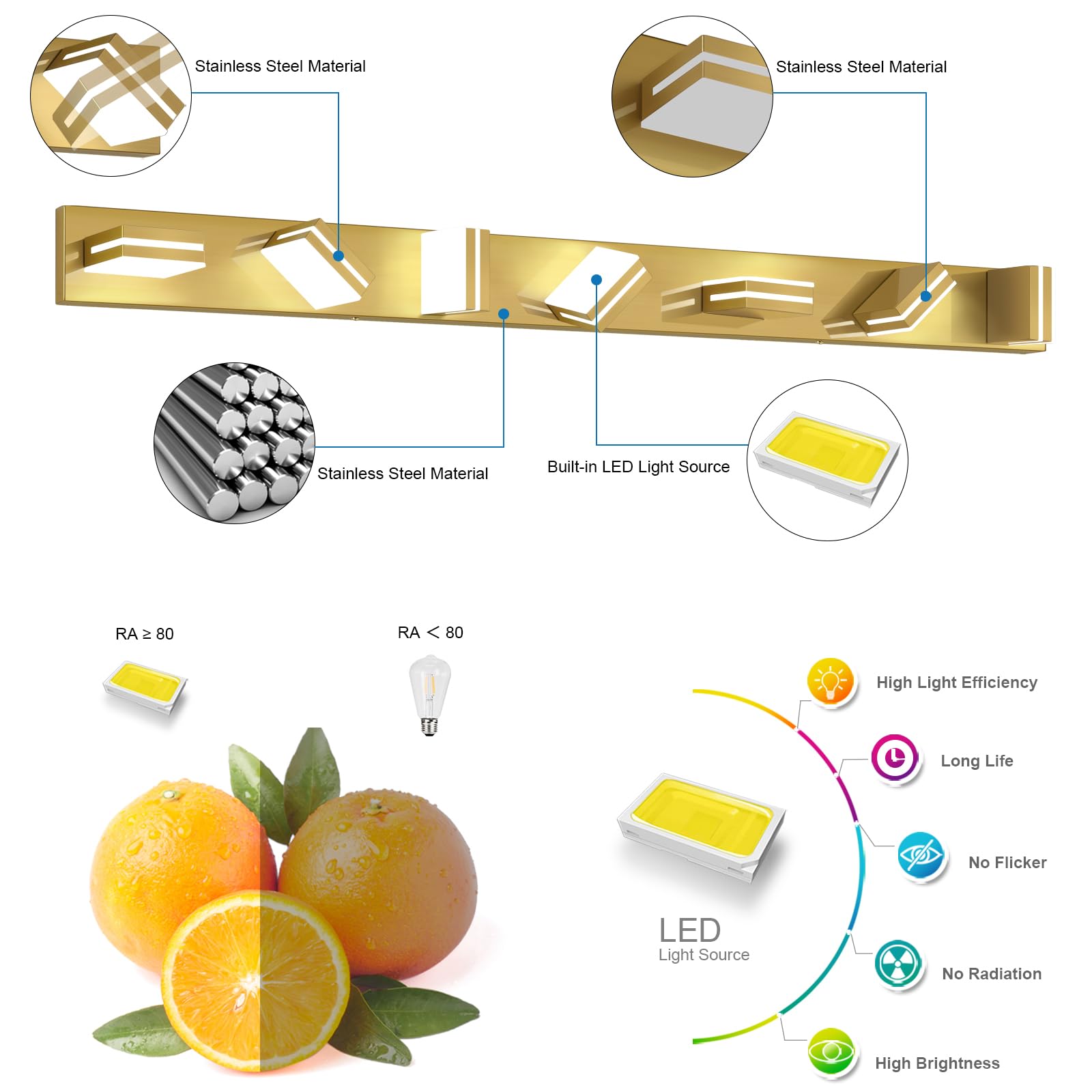 SineRise 7-Light LED Bathroom Vanity Light Fixture, 55-Inch Brass Acrylic, Cool White 6000K