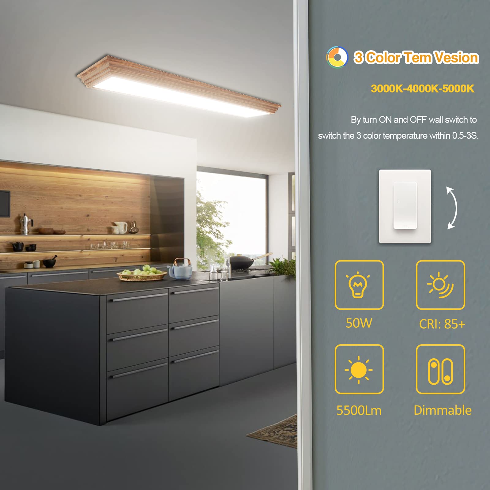 Faithsail 4Ft Led Light Fixture With 3000K/4000K/5000K Cct Selectable Dimmable 4 Foot Led Linear With Wooden Look 50W 5500Lm Flu