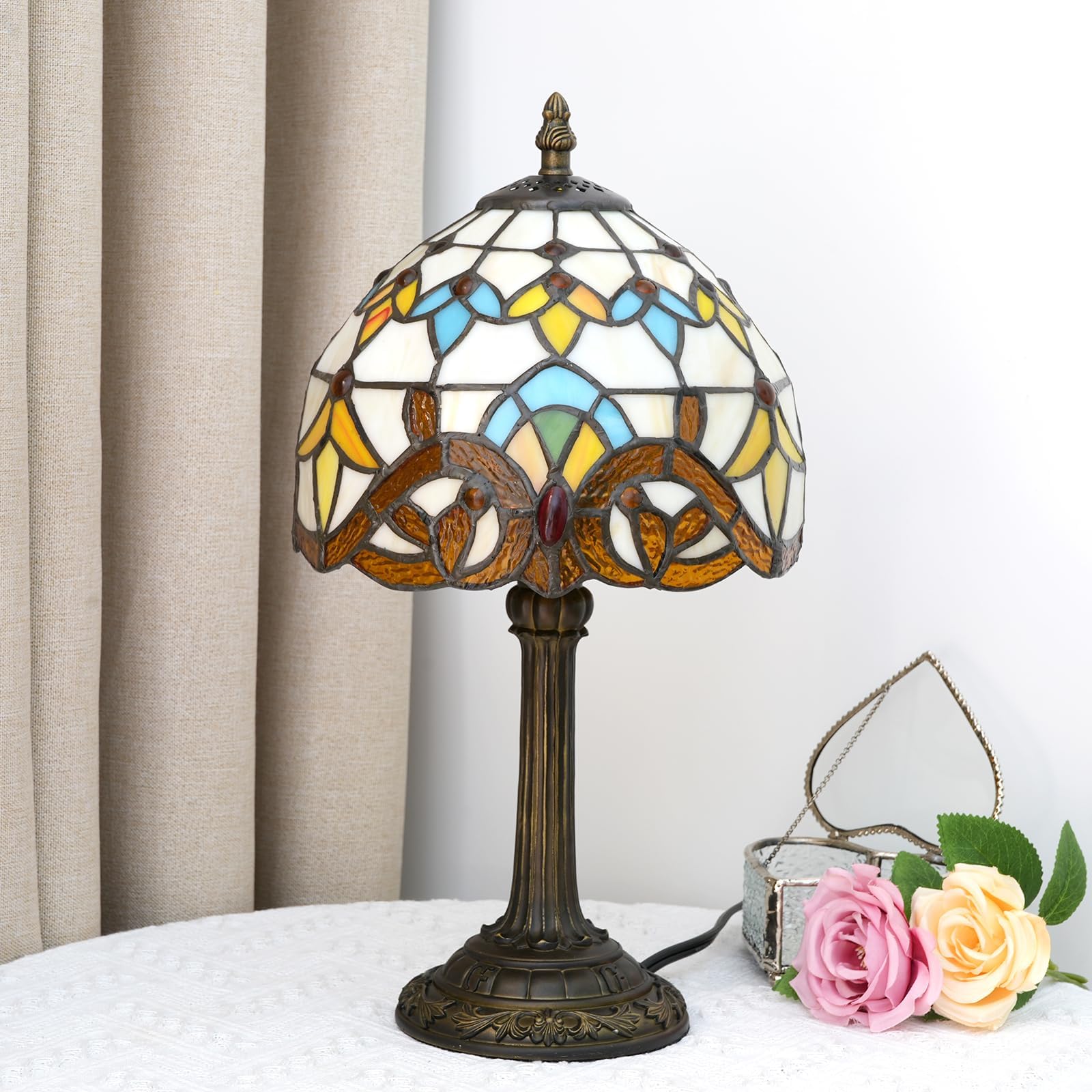 Wecrejoni Tiffany Lamp Stained Glass Lamp Small Bedside Table Lamps For Living Room Bedroom Dorm Kitchen Home Decor Festival Birthday Gift Yellow Baroque