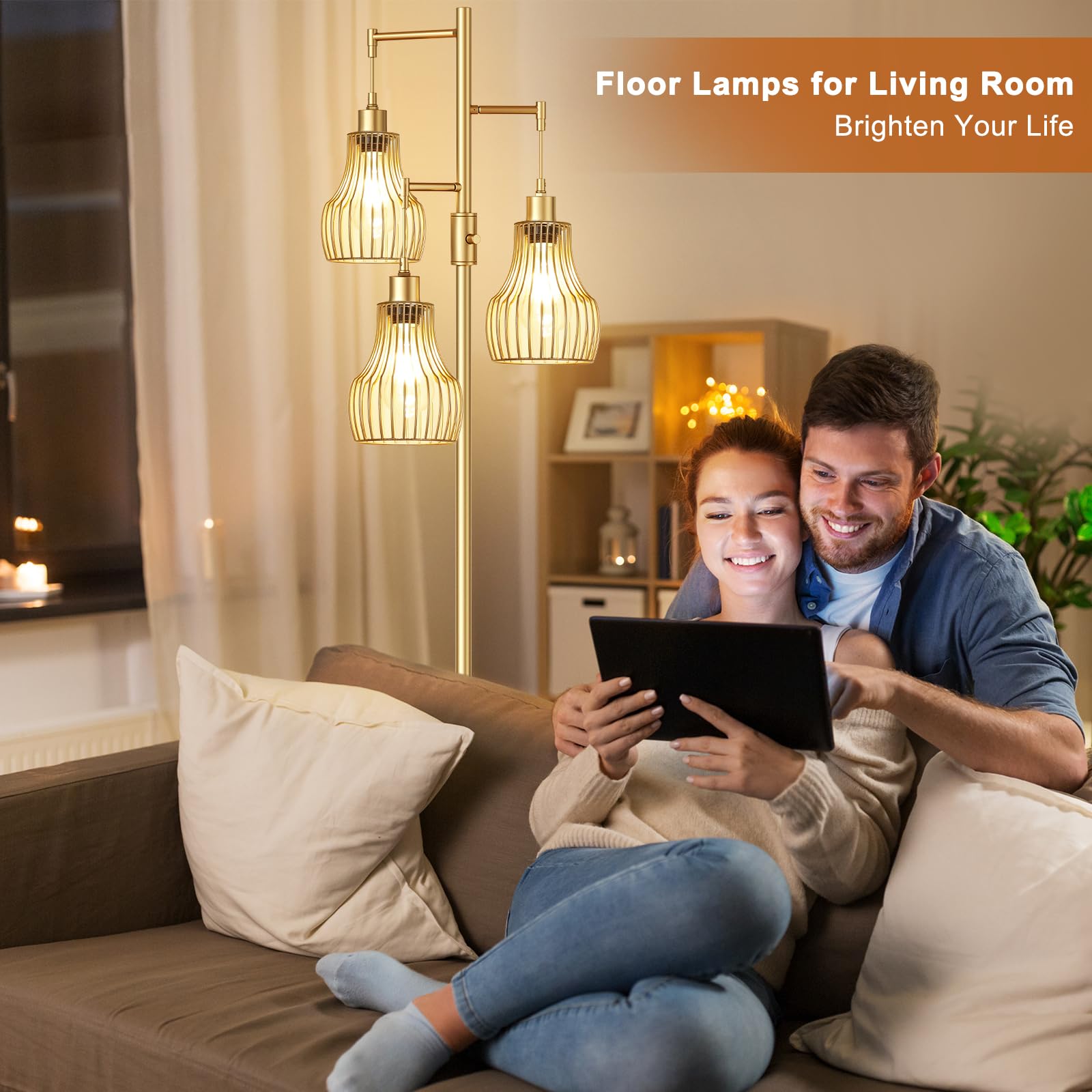 Ziisee Dimmable Gold Floor Lamps For Living Room, Industrial Tree Standing Tall Lamps With 3 Elegant Cage Shade & 800 Lumens Led