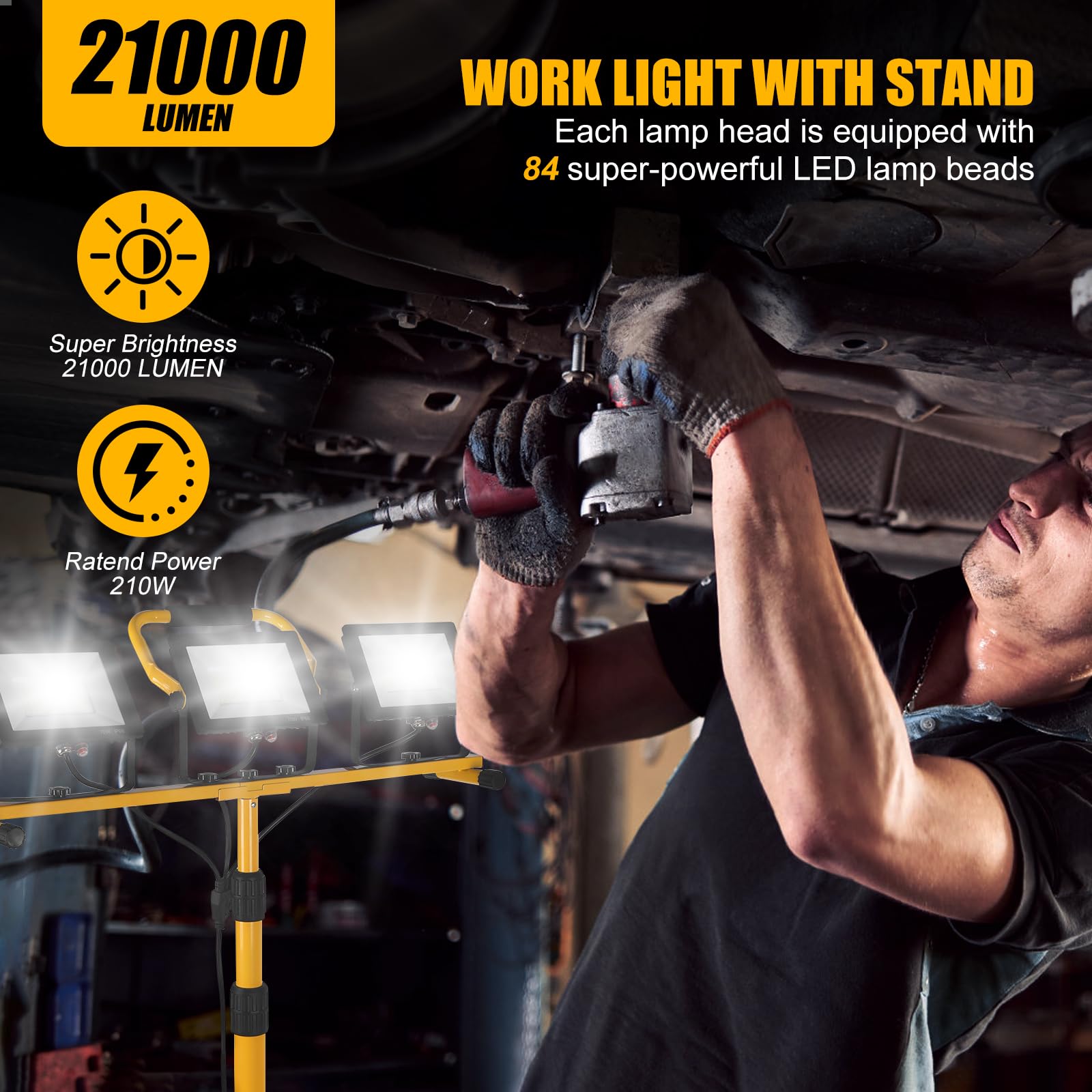 21000Lumen Led Work Lights With Stand - 3 Head Portable Work Light On Stand - Ip66 Waterproof Tripod Worklights For Outdoor Indoor Job Site Workshop Garage Construction Site Lighting
