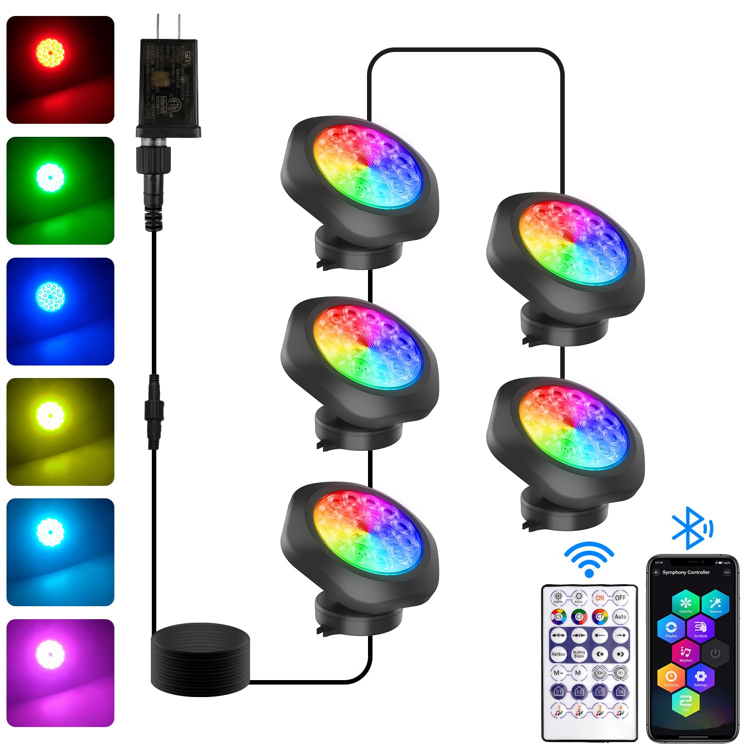 T-SUN RGB Underwater Pond Light, IP68 Waterproof LED, 5 Heads, Bluetooth APP Control, Model TS-F2230, for Aquarium Garden