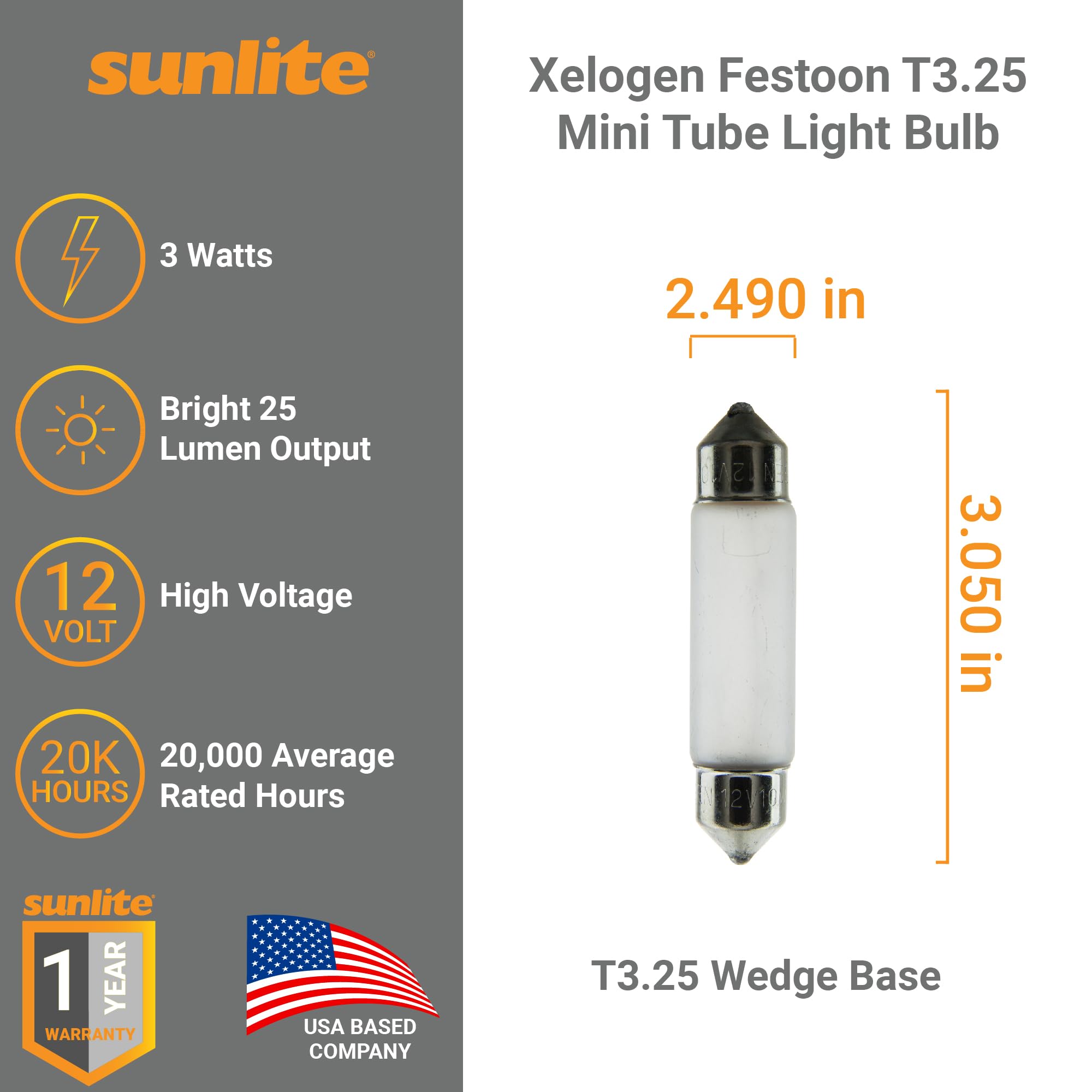 Sunlite Xelogen Festoon T3.25 Mini Tube Light Bulb, 3W, 12V, 25 Lumens, 20,000 Hours, Frost, Low Voltage Landscape Lighting, Ide