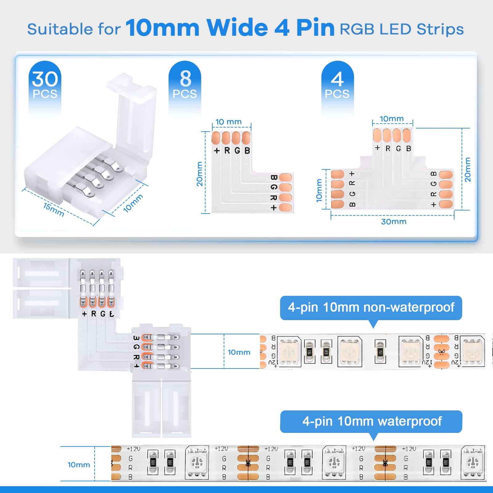 Pmxary 42Pcs 4 Pin Led Strip Connectors Kit For 5050 10Mm Wide Rgb Led Strip Light, Includes 8 L-Shaped, 4 T-Shaped, And 30 Sold