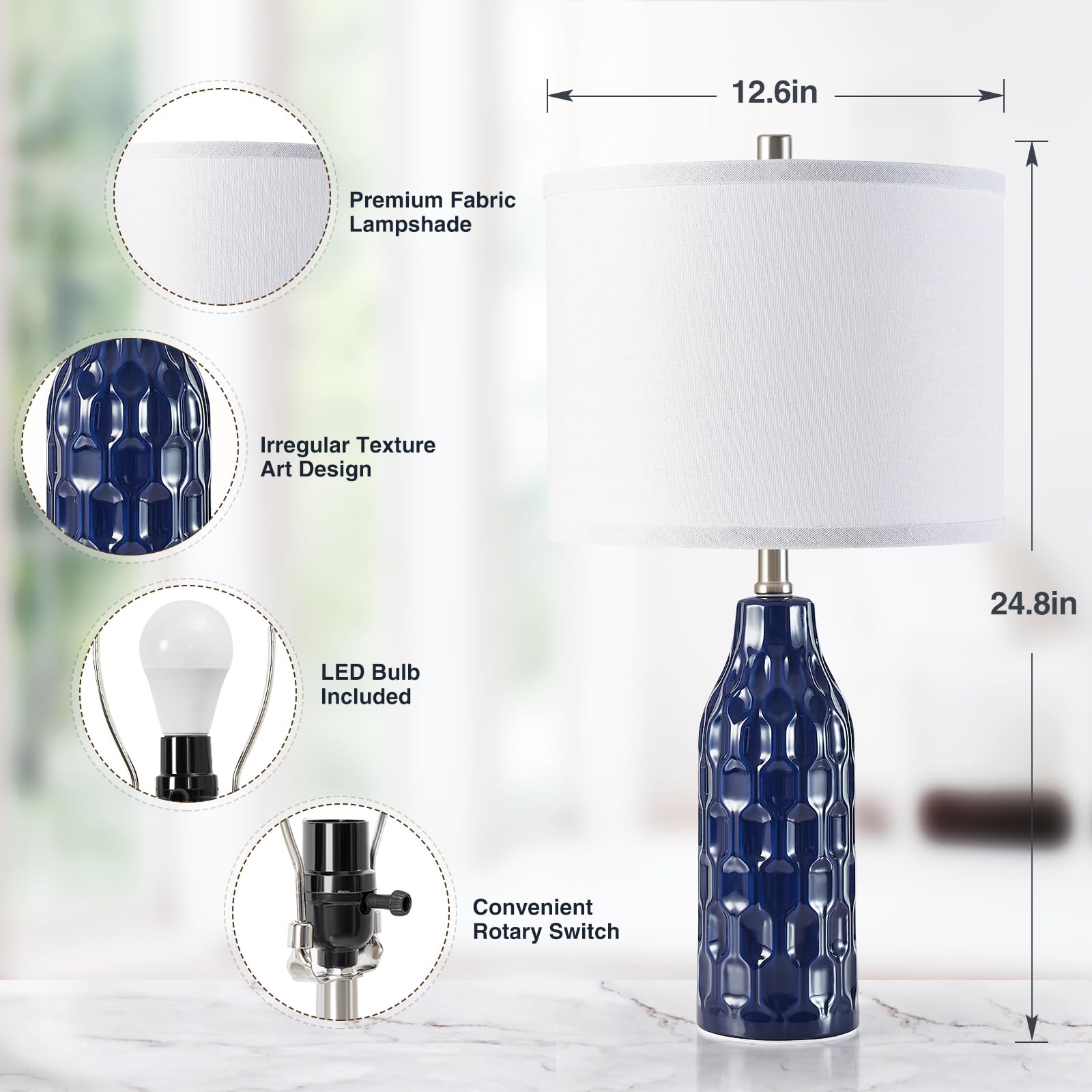Luvkczc Ceramic Table Lamps Set of 2 - 24.8in Nightstand Lamps, Navy Blue, 3 Color Temperatures, Bulbs Included