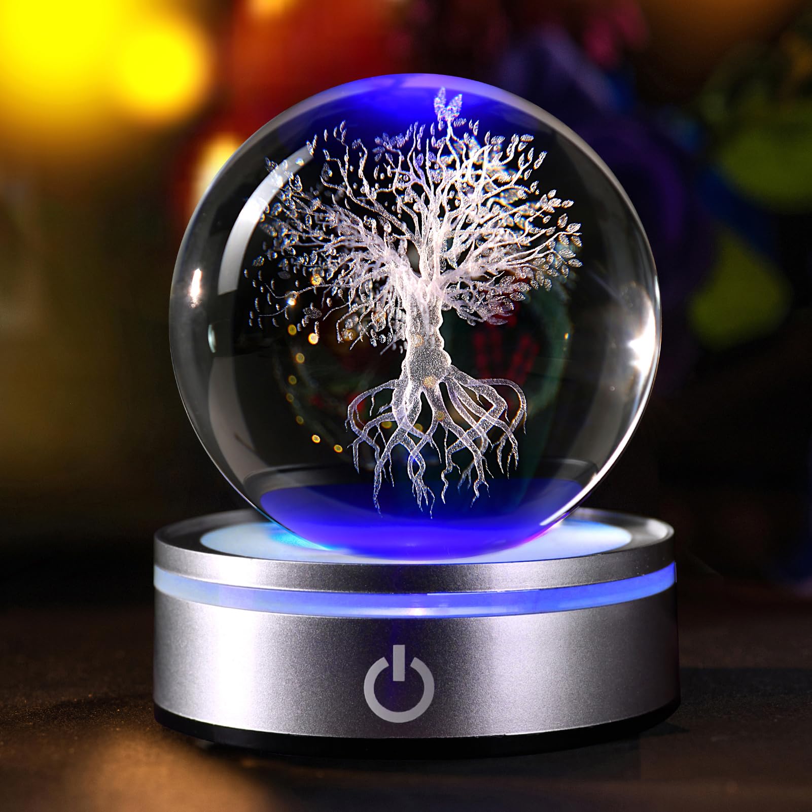 IFOLAINA 3D Tree of Life Crystal Ball Night Light Laser Engraved Glass Tree Globe Light Tree Life Decor Gifts for Men Women Crys