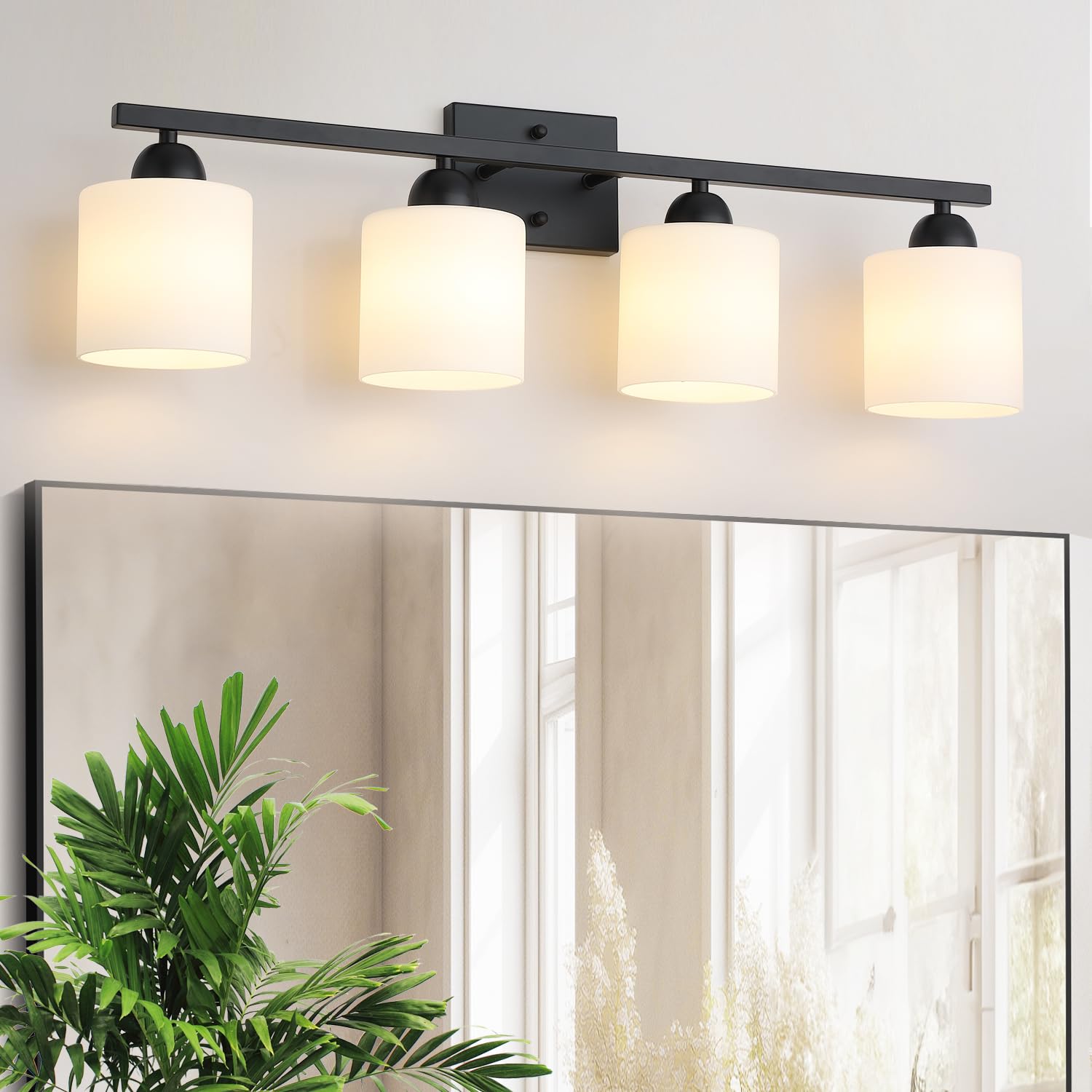 Mecgirn 4 Light Bathroom Vanity Light, Matte Black Metal Fixture with Frosted Glass, Model B0003-4-Black