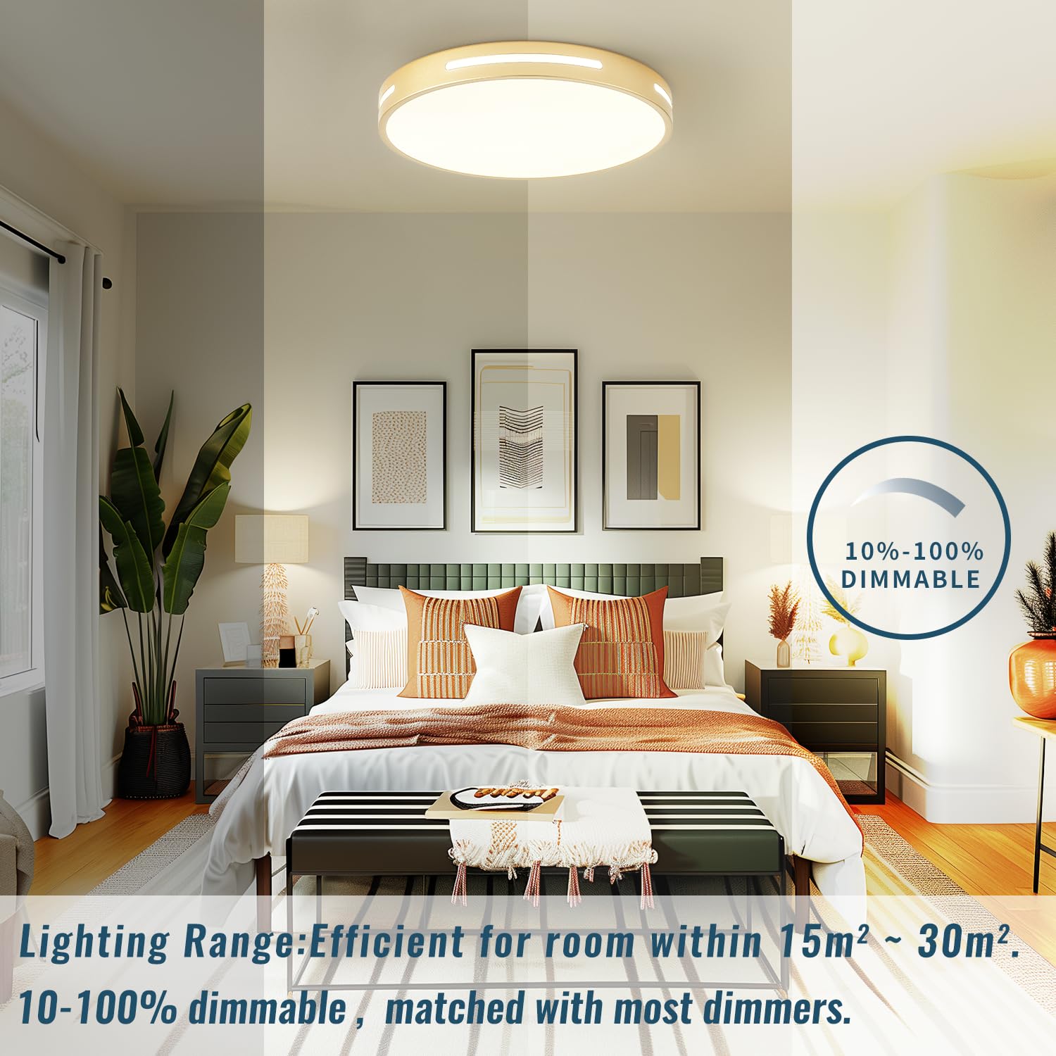 Wheatronic Gold Led Flush Mount Light Fixture - 15 Inch, 36W Set Of 2, Dimmable Kitchen Lighting, Modern Ceiling Mount For Bedroom, Bathroom, Living Room