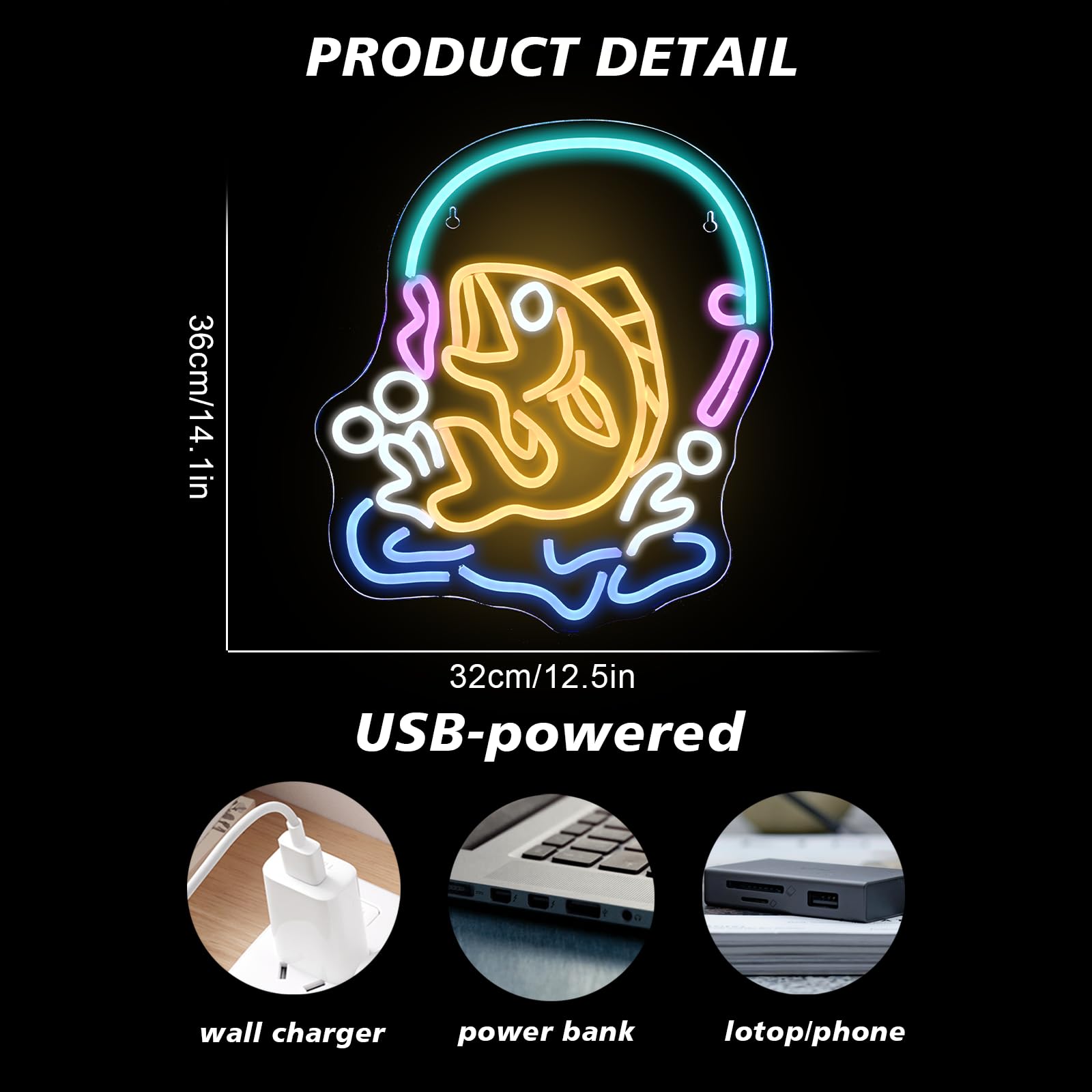 JURONGYILU Neon Fish LED Wall Sign, Acrylic, 14.1inx12.5in, Colorful-Go Fishing, Model HZ-WX-NL-6158, USB Powered
