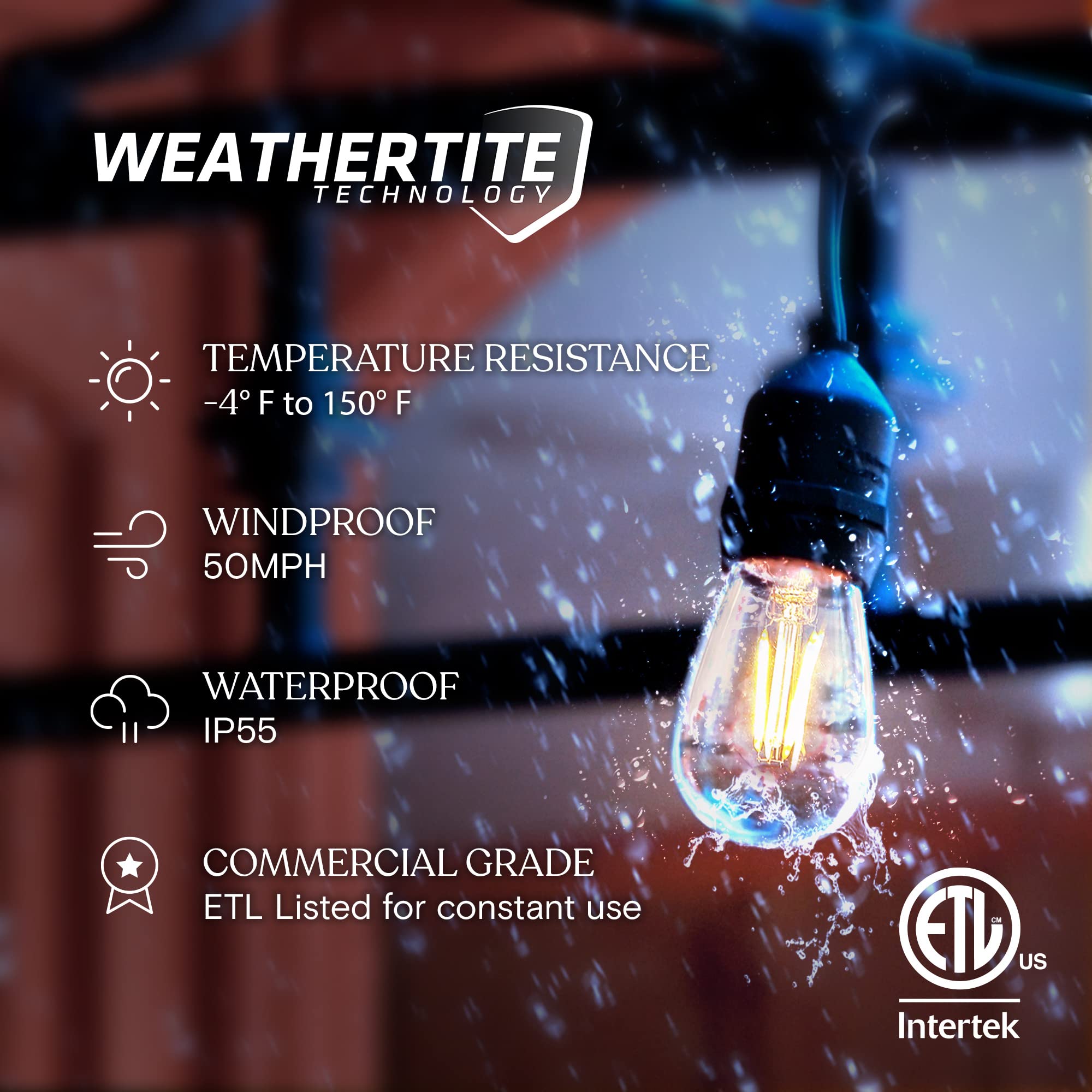 Brightech Ambience Pro Waterproof LED Outdoor String Lights 48 Ft Dimmable Vintage Edison Bulbs (3000K) Neutral White Model AMB-2W-24-NW