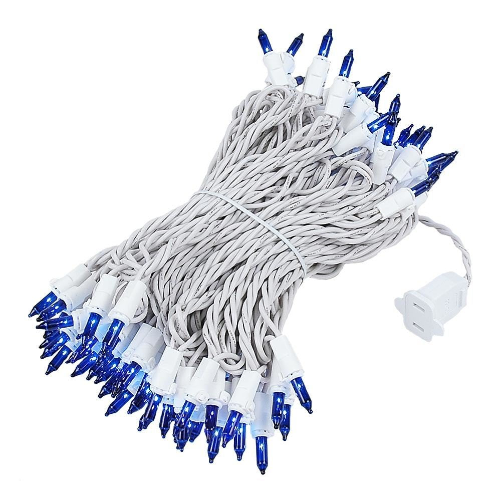 Novelty Lights 50 Feet 100 Bulb Incandescent Mini Light String, Blue with 6-Inch Spacing on White Wire, UL Listed Commercial Gra