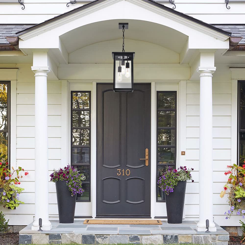 Todoluz 3-Light Black Outdoor Pendant Light Fixture, Adjustable Exterior Hanging Lantern Porch Light