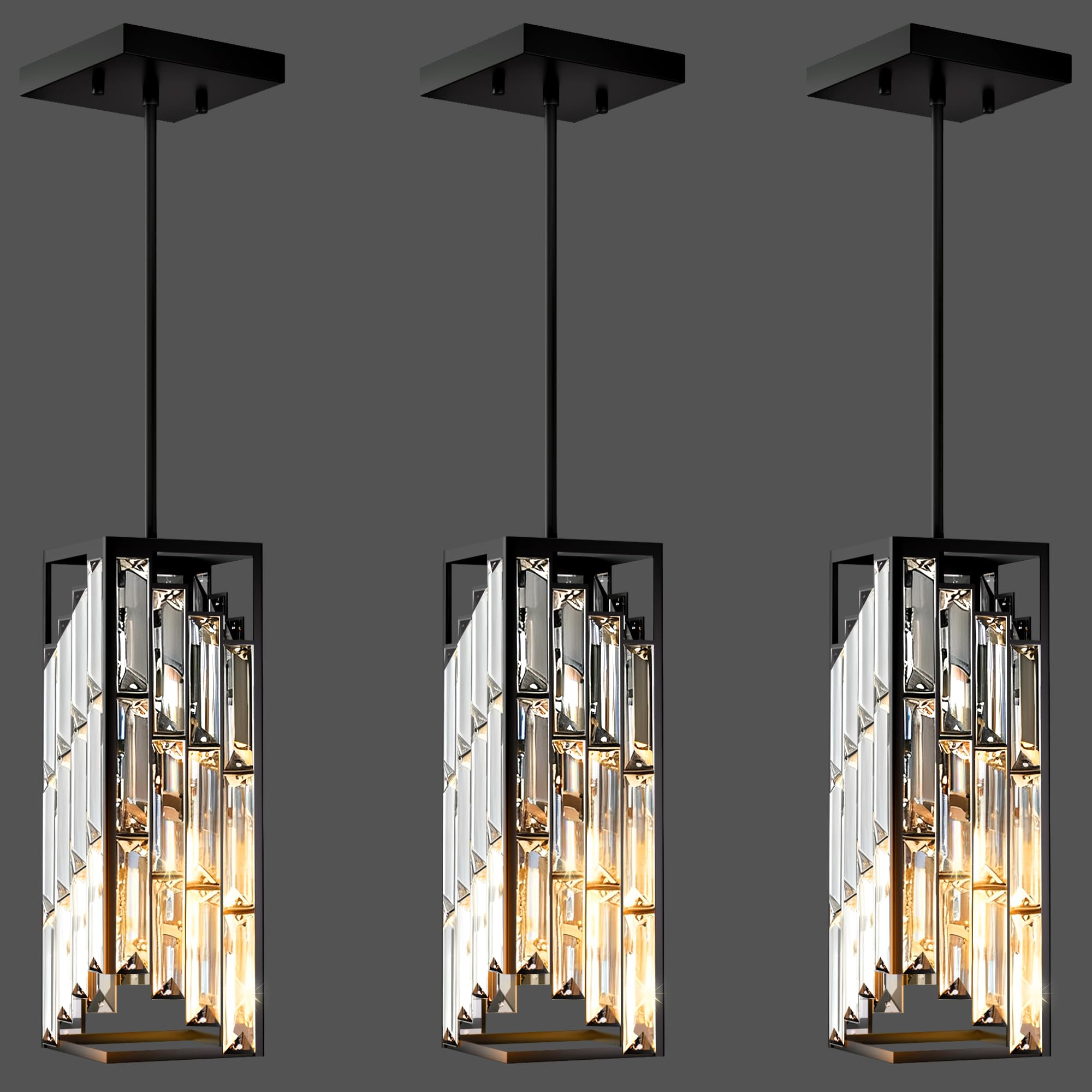 Esfos Black Mini Crystal Pendant Lights, 3 Pack, Modern Ceiling Fixtures for Kitchen Island, Dining Room, Bedroom, Model D02-3-BK