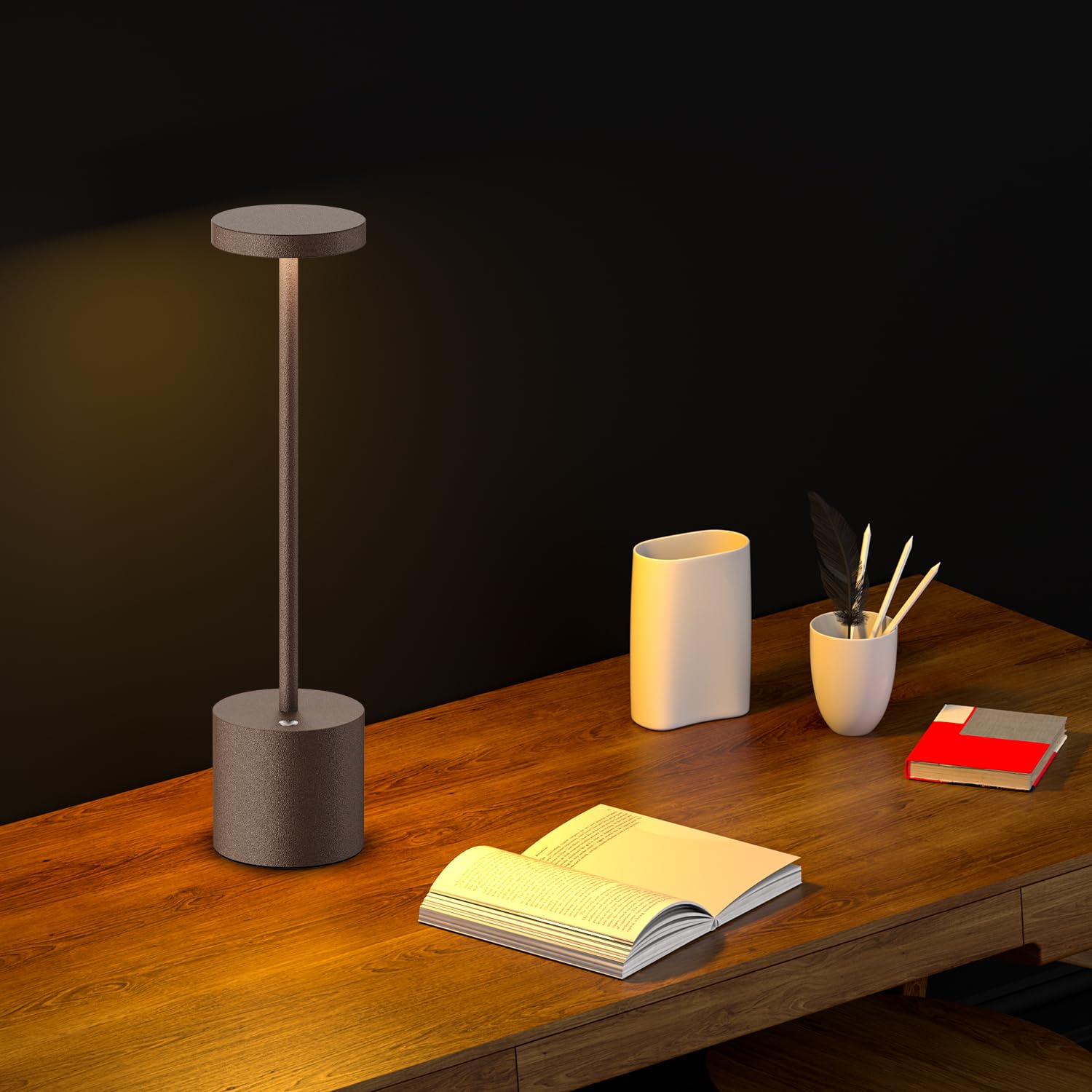 JALVDE Cordless LED Table Lamp, 13.5in, Aluminum, 3 Levels Brightness, Rusty, Model JL-S801, Set of 2