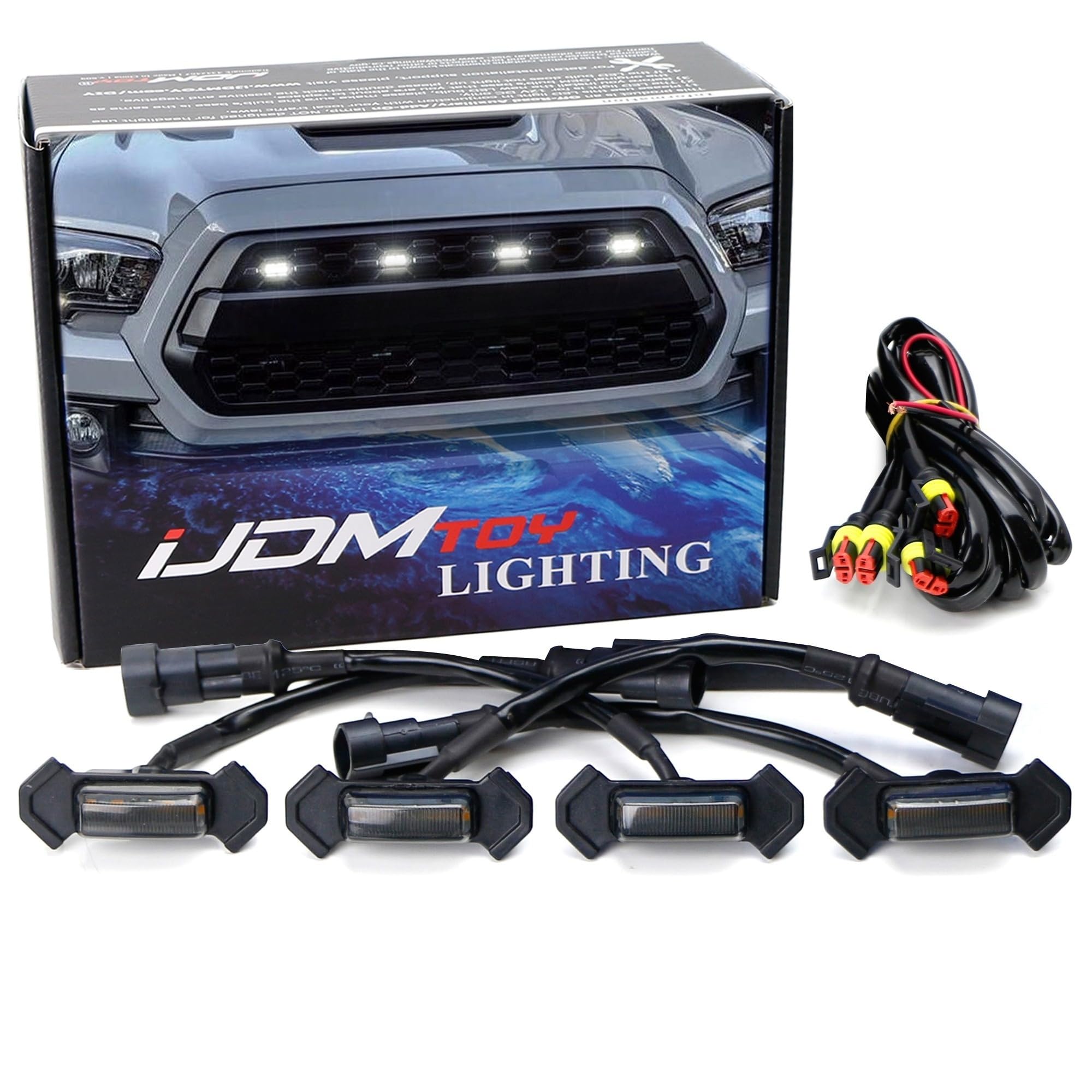 iJDMTOY 4pc Set Smoked Lens Front Grille Lighting Kit Compatible with 2016-2023 Toyota Tacoma w/TRD Pro Grill ONLY, Includes (4) 4-SMD 6000K White LED Light Assy & Wiring Harness