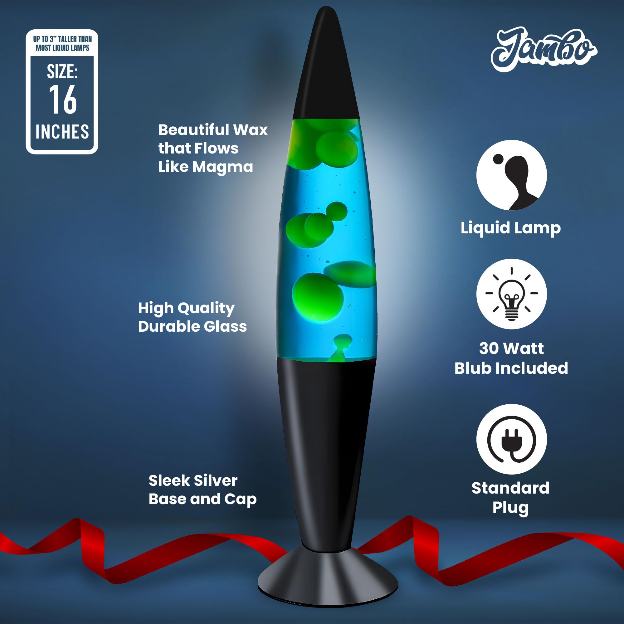 JAMBO Liquid Lamp - 16in Magma Light, Blue Liquid with Yellow Wax, Black Base, Model 58000, Night Light for Home Decor