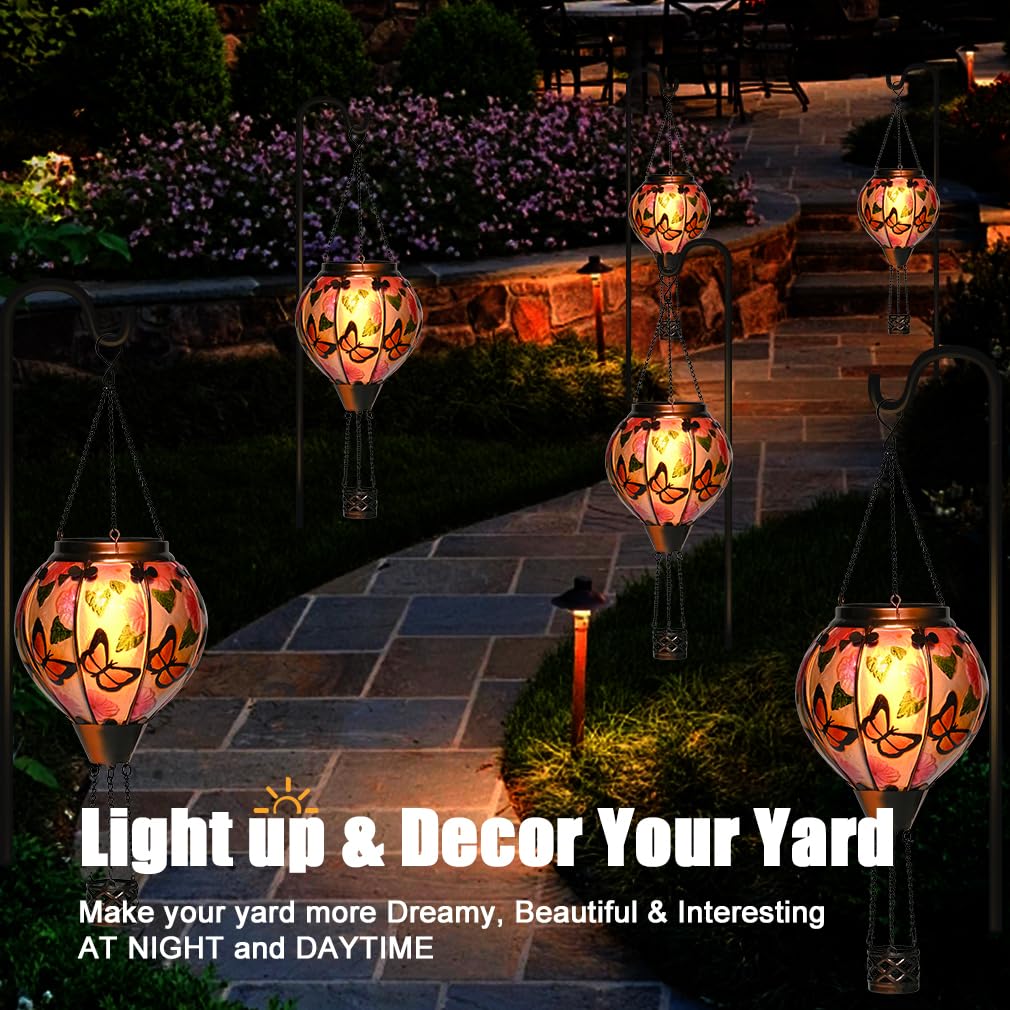 Hot Air Balloon Solar Lantern - Butterfly Stained Glass Lantern  Simulated Flickering & Dancing Flame  Outdoor Hanging Yard Light Waterproof Ip65 For Patio Lawn Porch Decor Gift