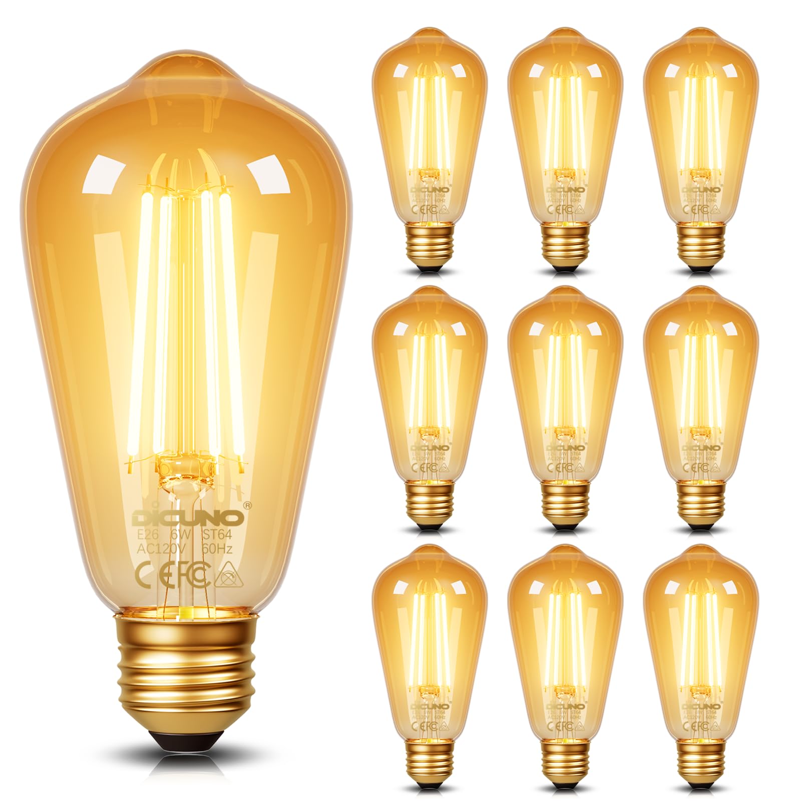 DiCUNO E26 Edison Bulbs 6W LED ST64 Amber Glass 2200K Warm 600LM Pack of 10