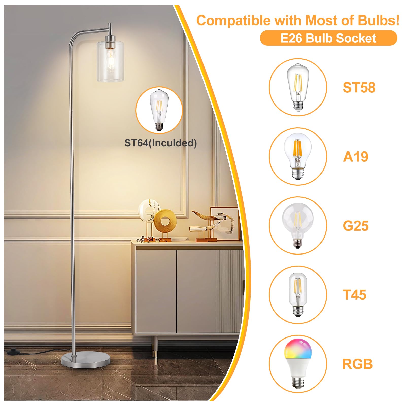 Dllt Floor Lamp Tall For Room: Nickel Standing Lamp With Clear Glass Lampshade For Living Room - Modern Bright Lamp For Bedroom