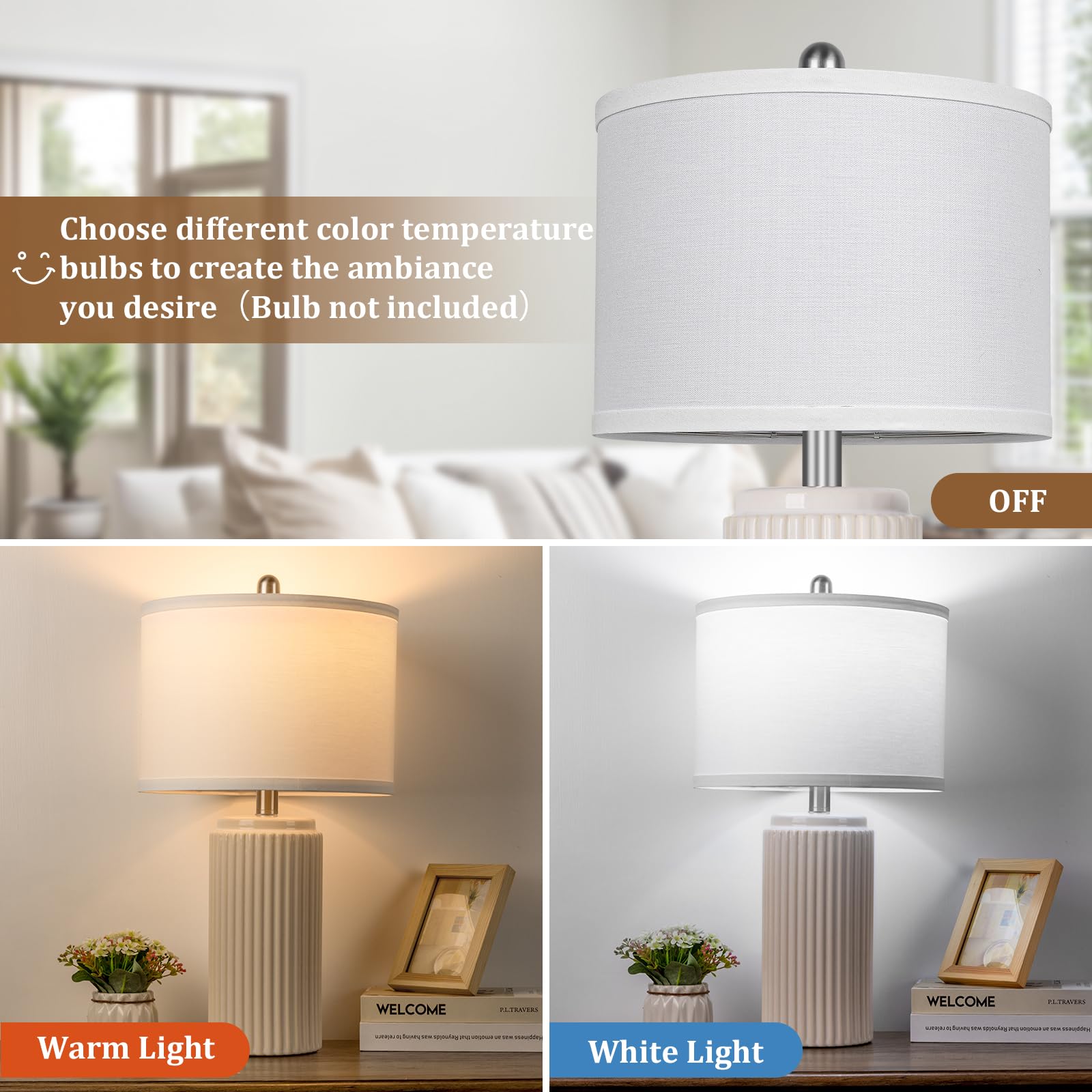TOBUSA Modern Ceramic Table Lamps Set of 2, Cream, 23.5’’ for Living Room, Vintage Bedside Lighting, Model TB0309
