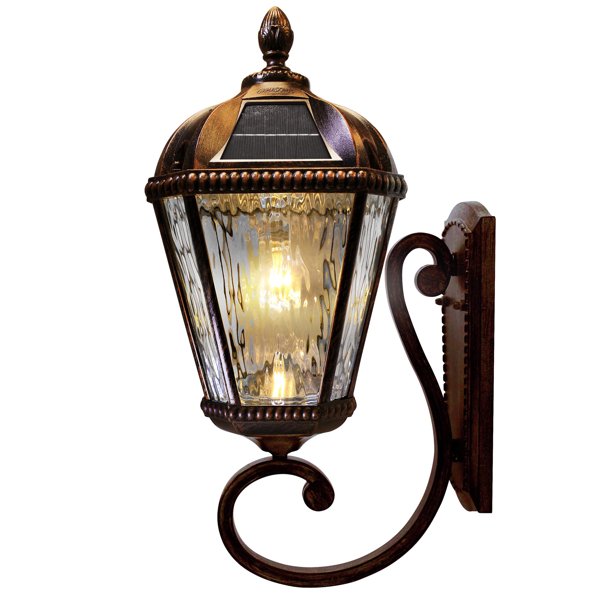 Gama Sonic Solar Outdoor Wall Light, Royal Bulb Exterior Sconce Lamp, Brushed Bronze Finish Aluminum, Clear Beveled Glass, Warm