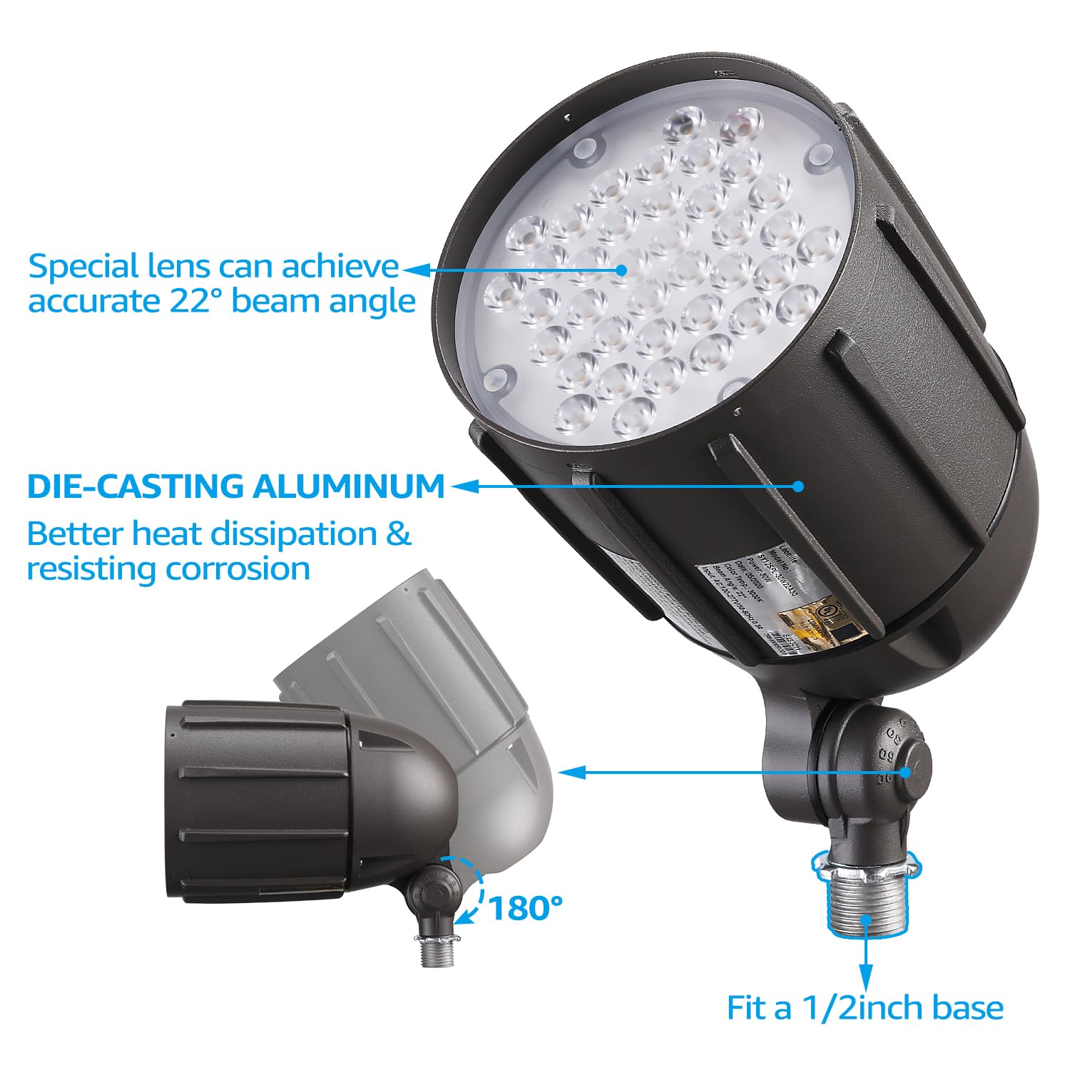 Leonlite 30W Led Bullet Flood Light, 4000Lm 3000K Warm White, 22°Focused Flag Pole Light With Knuckle Mount, Weatherproof, 100-277V Commercial Landscape Light, Ul-Listed