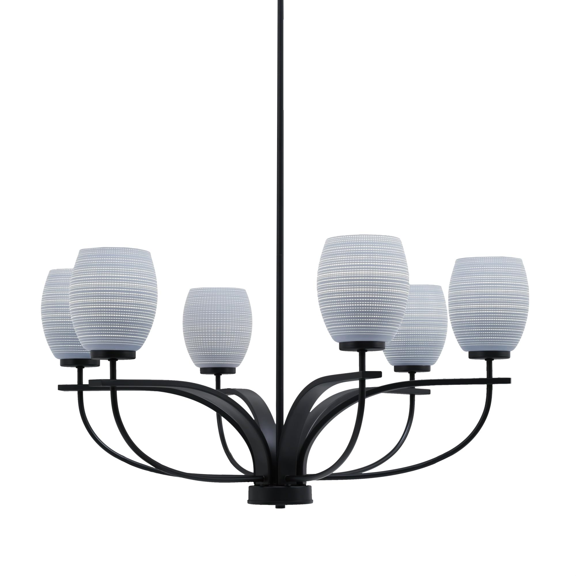 Toltec Lighting Cavella 6 Light Chandelier Shown in Matte Black Finish with 5&quot; Gray Matrix Glass