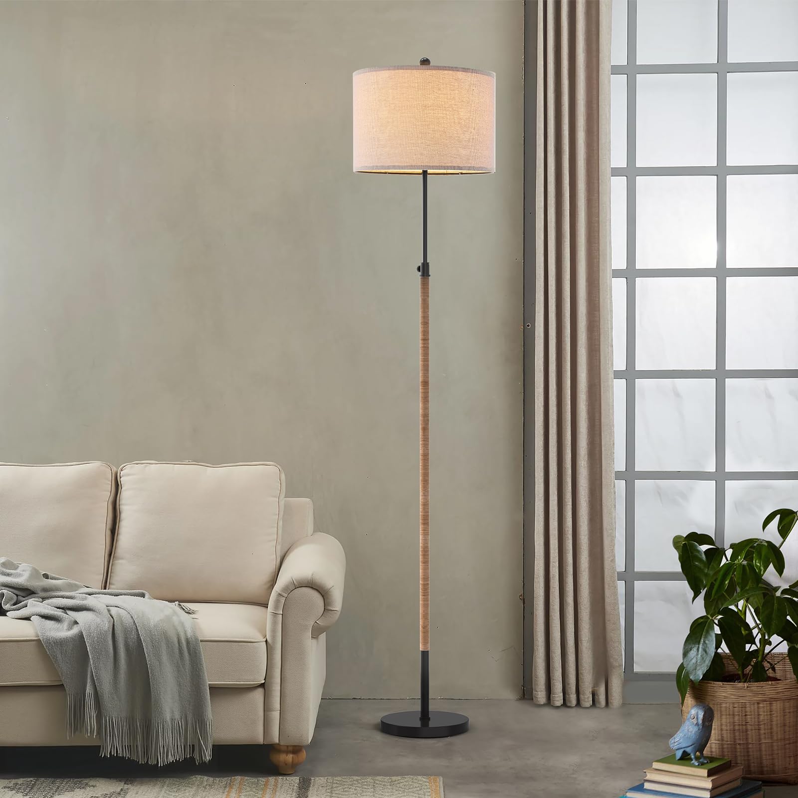 Hightry Farmhouse Rattan Floor Lamp For Living Room, Adjustable Height:65''-70'' Brass Gold Standing Lamp, Boho Tall Skinny Pole