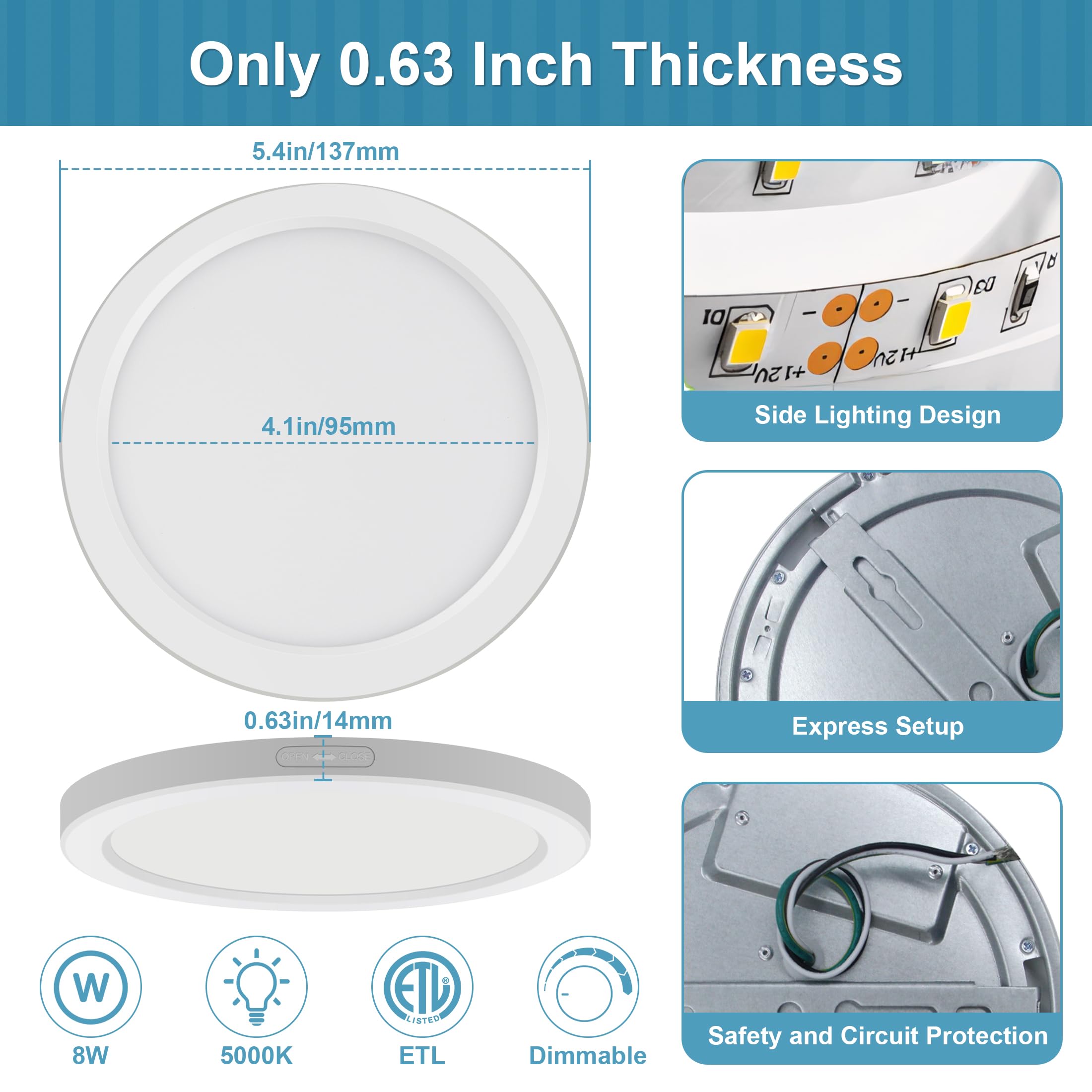 Novelux 5.4 Inch Flush Mount Led Ceiling Light 5000K Daylight, Ultra Slim 0.63'' Thick Round Flat Ceiling Lamp 8 Pack Dimmable S