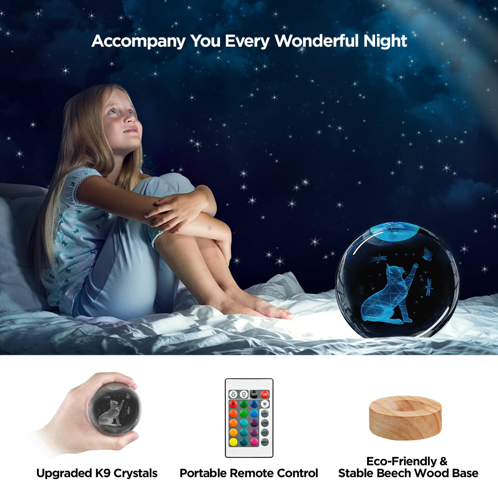Yylzephb 3D Cat Crystal Ball Night Light With Woodern Base, 3.15'' Cat Figurines Glass Lamp With 16 Colors Cat Snow Globes Cool
