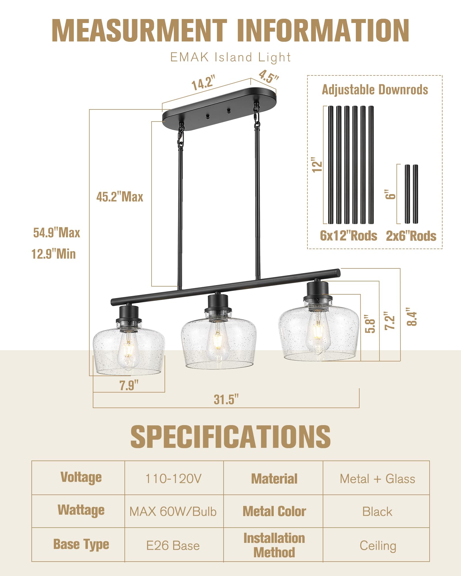 Emak Black Dining Room Light Fixture, Modern 32 Inch Linear Chandelier Lamp With Seeded Glass Shade, Farmhouse 3-Light Kitchen I