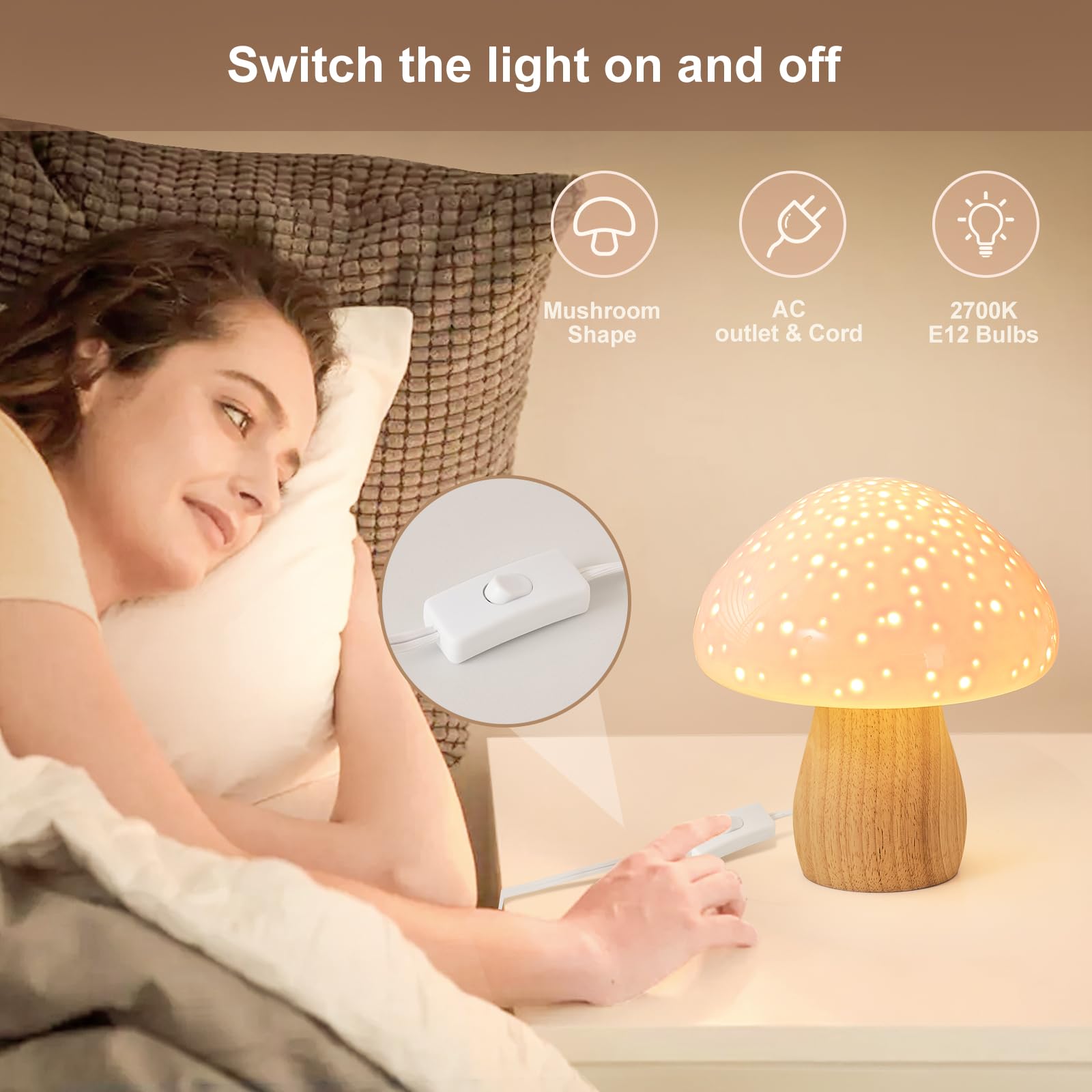 BOHON Ceramic Mushroom Lamp, Vintage Pink Bedside Table Light, LED Bulb Included, Model C-Mushroom-B