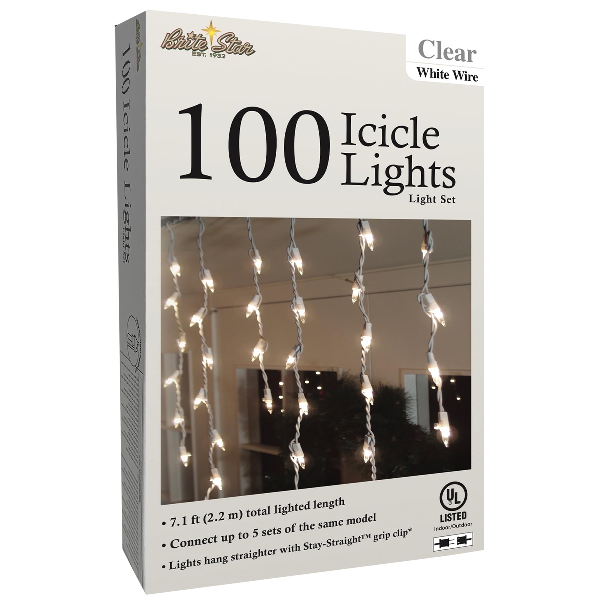 Brite Star Icicle Lights Set - 100 Count Clear Window Lights, White Wire, Model 36-701-00, Plastic Material