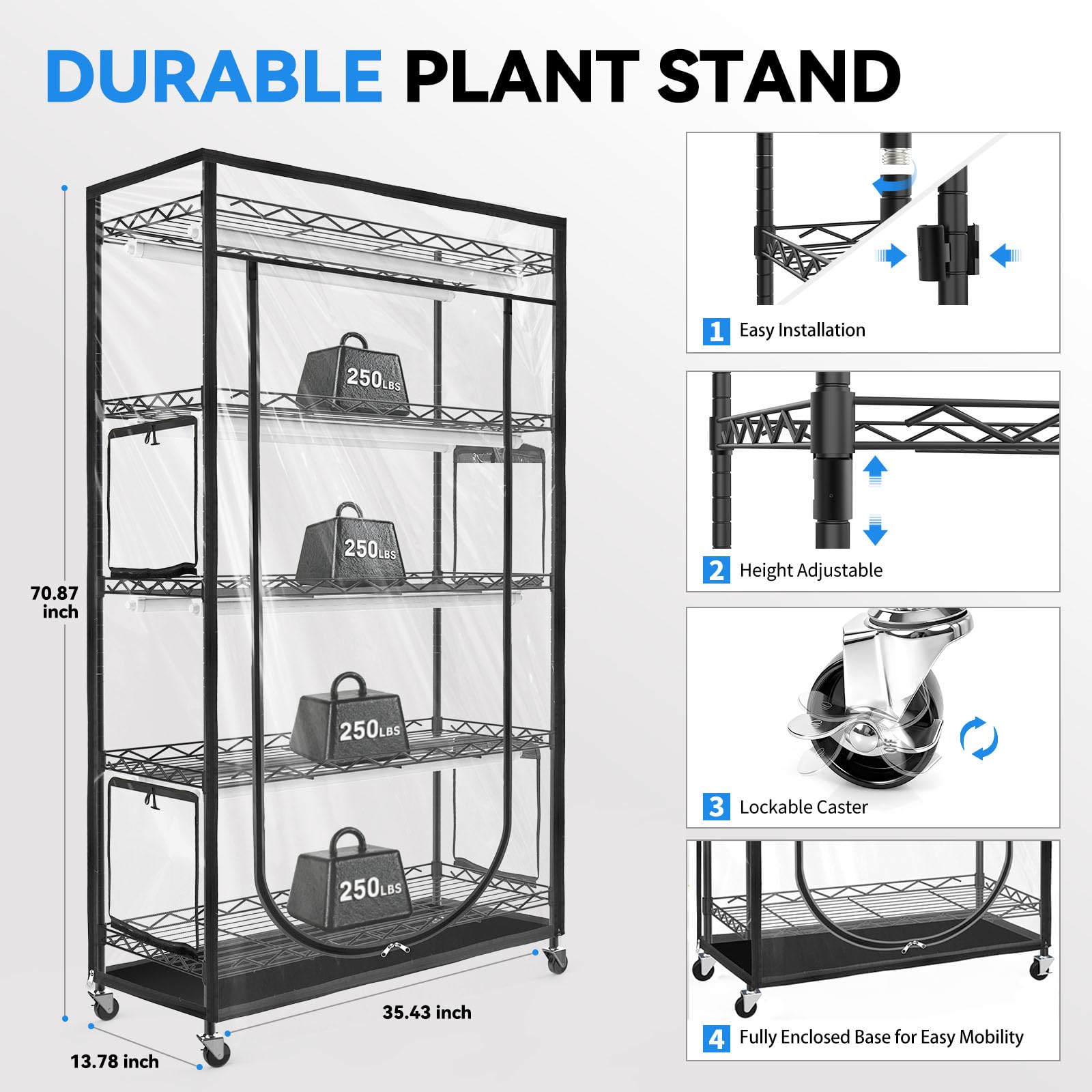 JESLED Indoor Greenhouse with Grow Light, 3FT, Full Spectrum 5000K, Rolling Metal Stand, 35.4x13.8x70IN, Black, Model JD