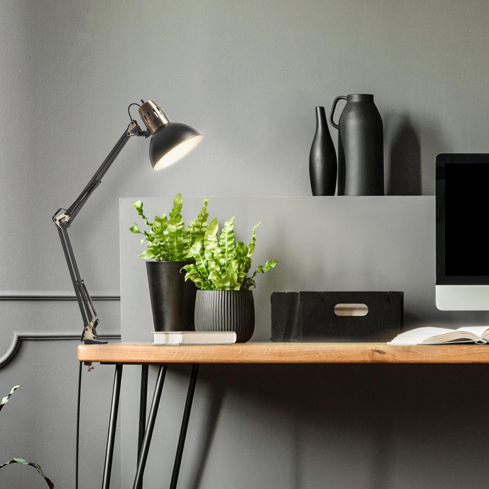 Globe Electric 62000009 32'' Multi-Joint Desk Lamp With Metal Clamp, Matte Black, Antique Brass Accents, On/Off Rotary Switch On