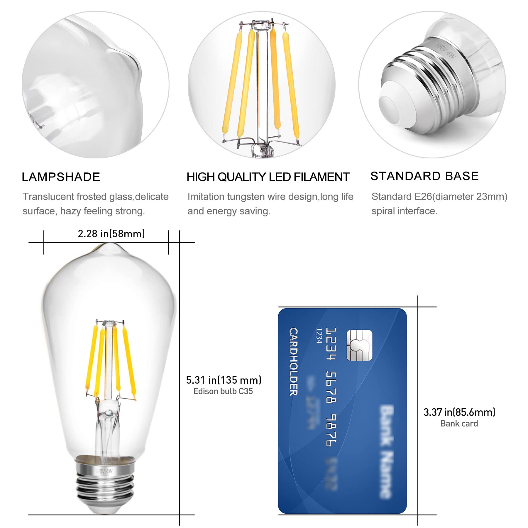 Notoc Led Edison Bulb,Antique 40W Vintage Edison Bulb,E26 Light Bulb Non Dimmable Led Bulb 450 Lumens Daylight White 5500K,Pack Of 6
