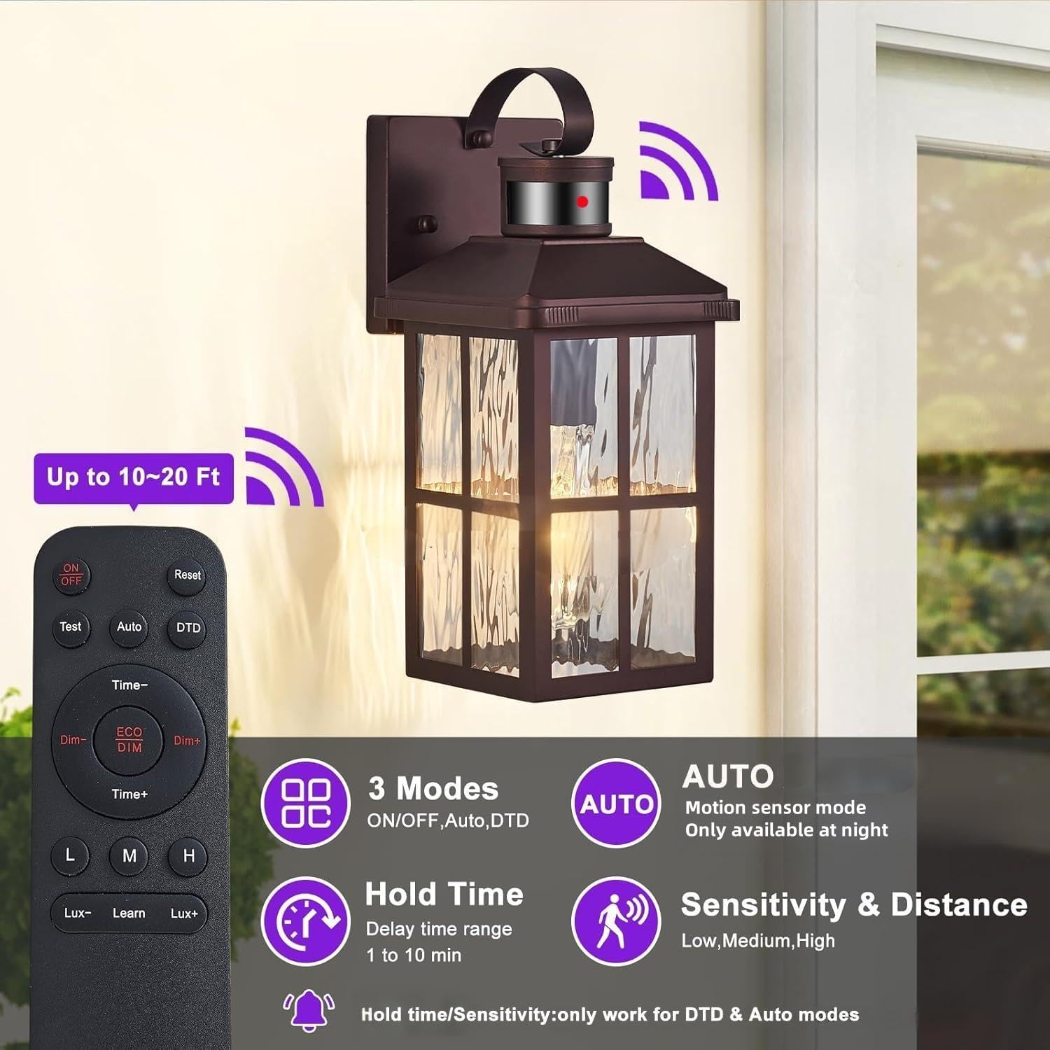 YJXGDIL Outdoor Porch Lights with Remote Control, Motion Sensor, 4 Lighting Modes, 2 Pack, Bronze RW, Metal, Model H2001-2G-RW
