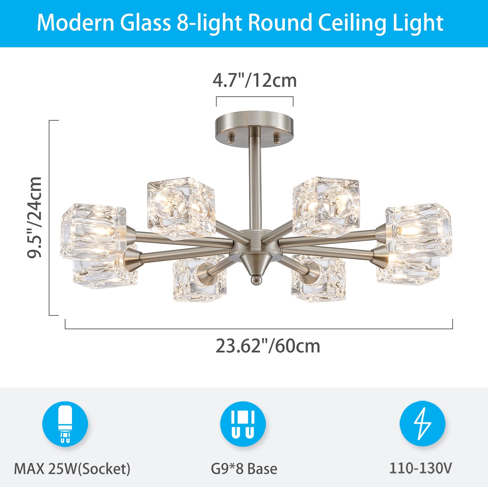 Xingqi Semi Flush Mount Ceiling Light Fixture 8-Light Brushed Nickel Modern Sputnik Chandeliers Lighting Fixtures For Dining Roo