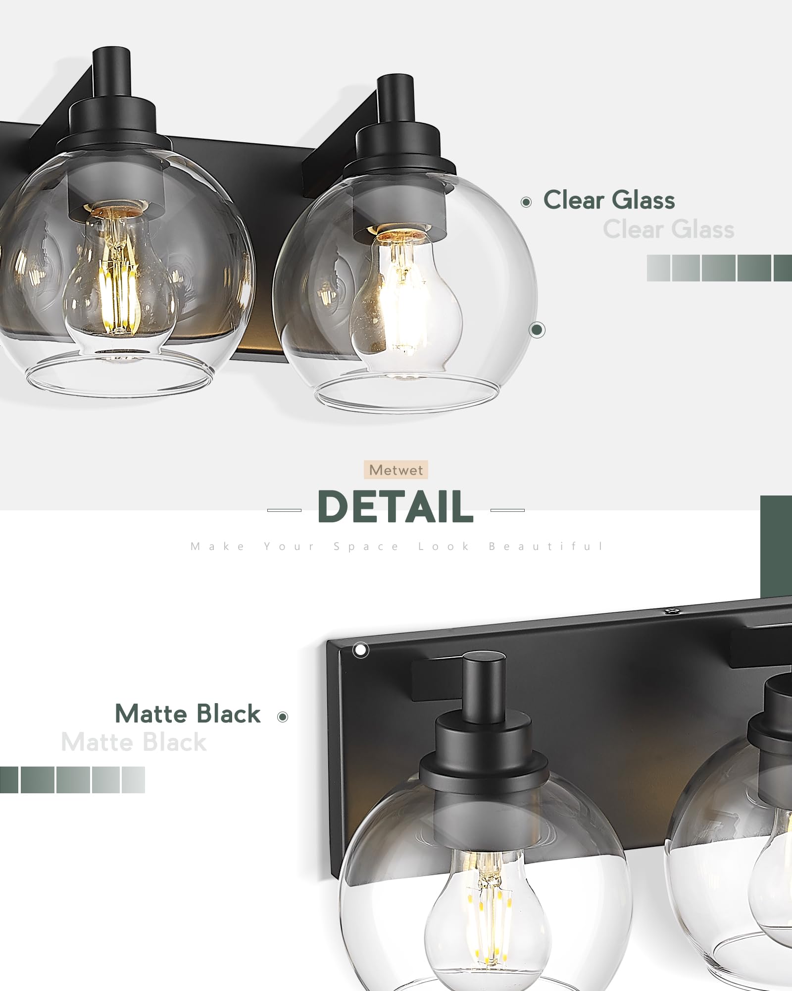 Metwet Bathroom Light Fixtures, 2 Light Matte Black Vanity Light, Modern Wall Sconces With Clear Glass Globe Shade, Bathroom Wal