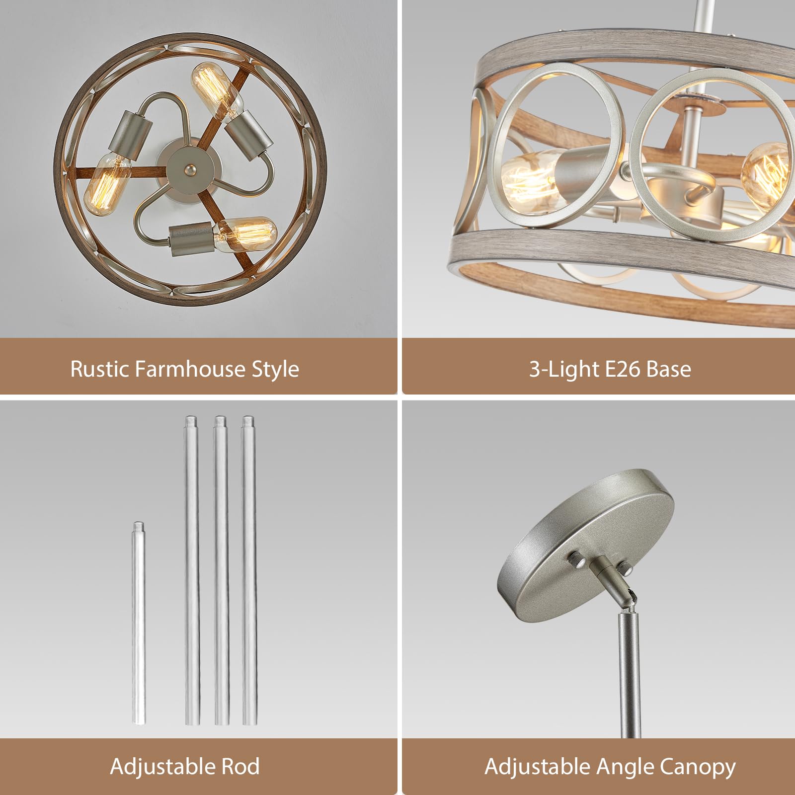 Peskoe Modern Chandelier, 13'' Farmhouse Pendant Light Dining Room Light Fixtures, Ceiling Light For Bedroom Living Room Kitchen, 3-Light Nickel And Wood Grain Metal Hanging Lamp
