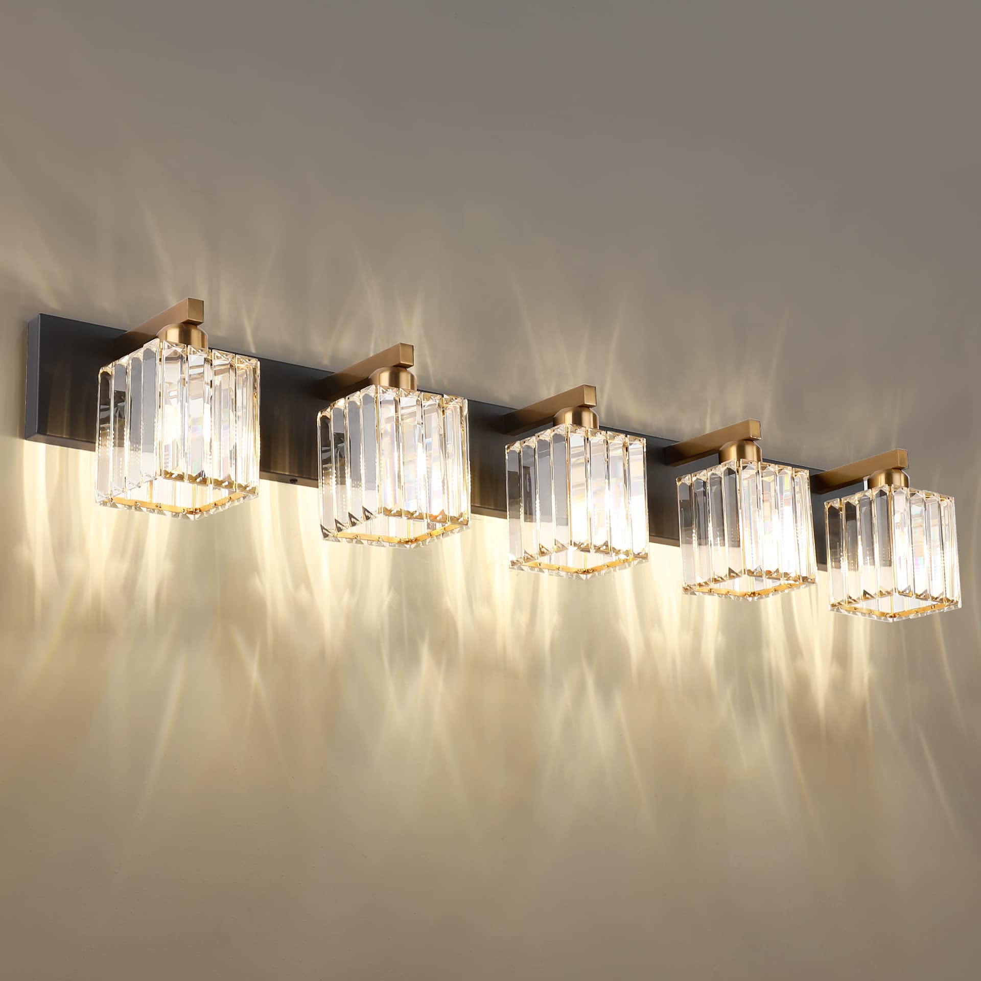Aipsun 5-Light Modern Vanity Light Fixtures - Black Brass Aluminum, Model 8461, Crystal Shade