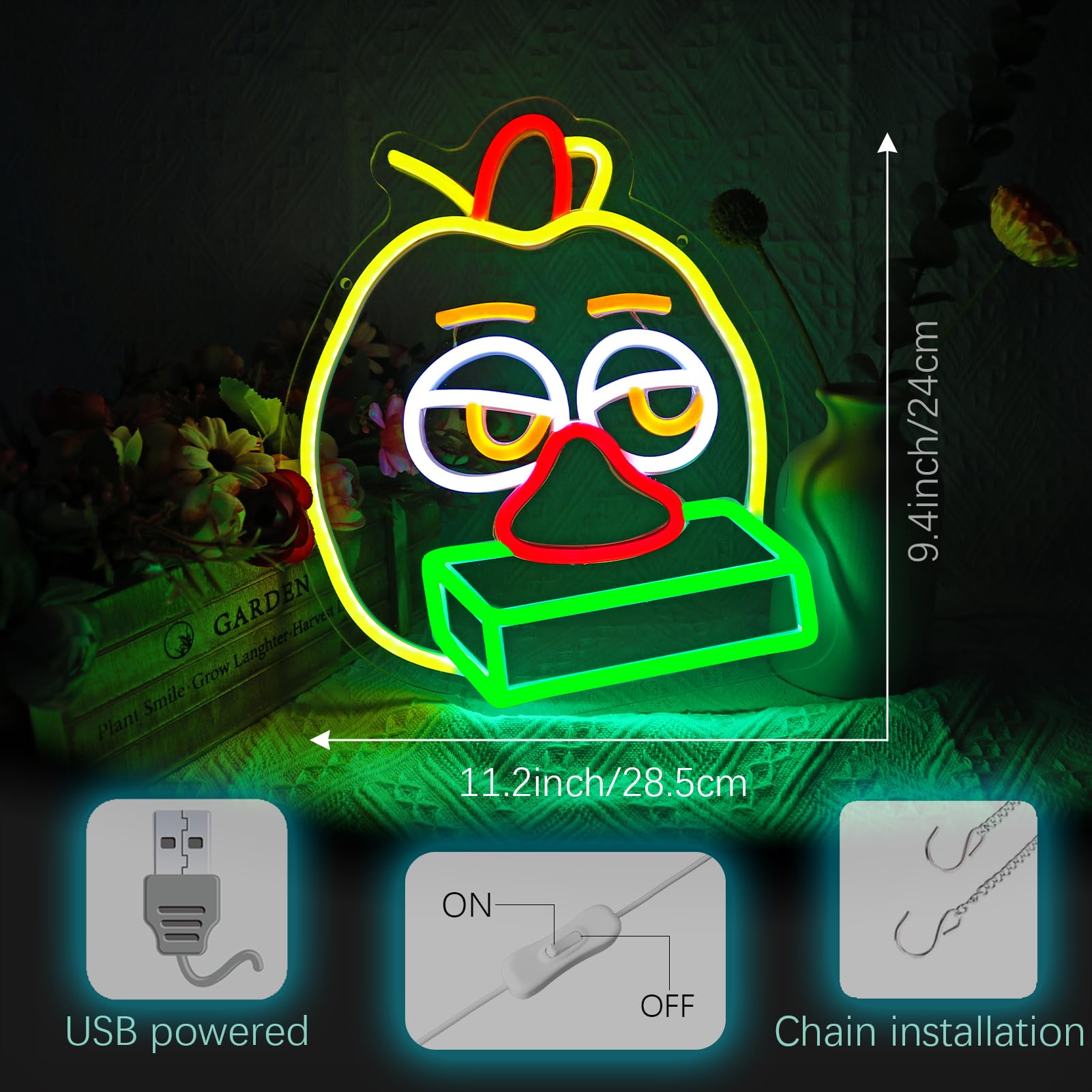 NAIYISI Playful Chicken Neon Signs for Wall Decor, Anime LED Light for Bedroom, Kids Room, Birthday Decorations, USB Powered, Y