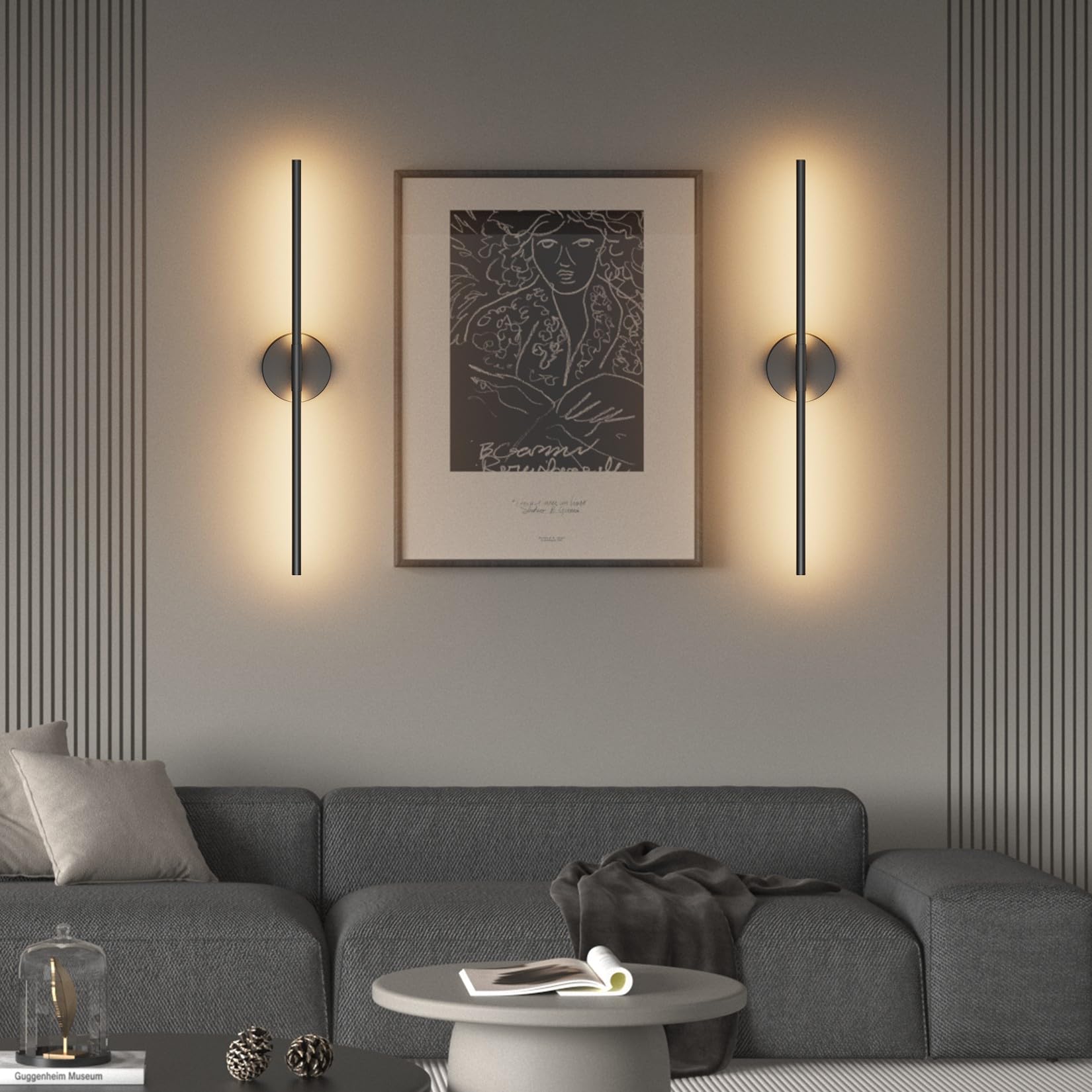 Coinmit 28In Black Metal Wall Sconce Set of Two Hardwired 3000K LED Lights for Living Room, Hallway, Bedroom